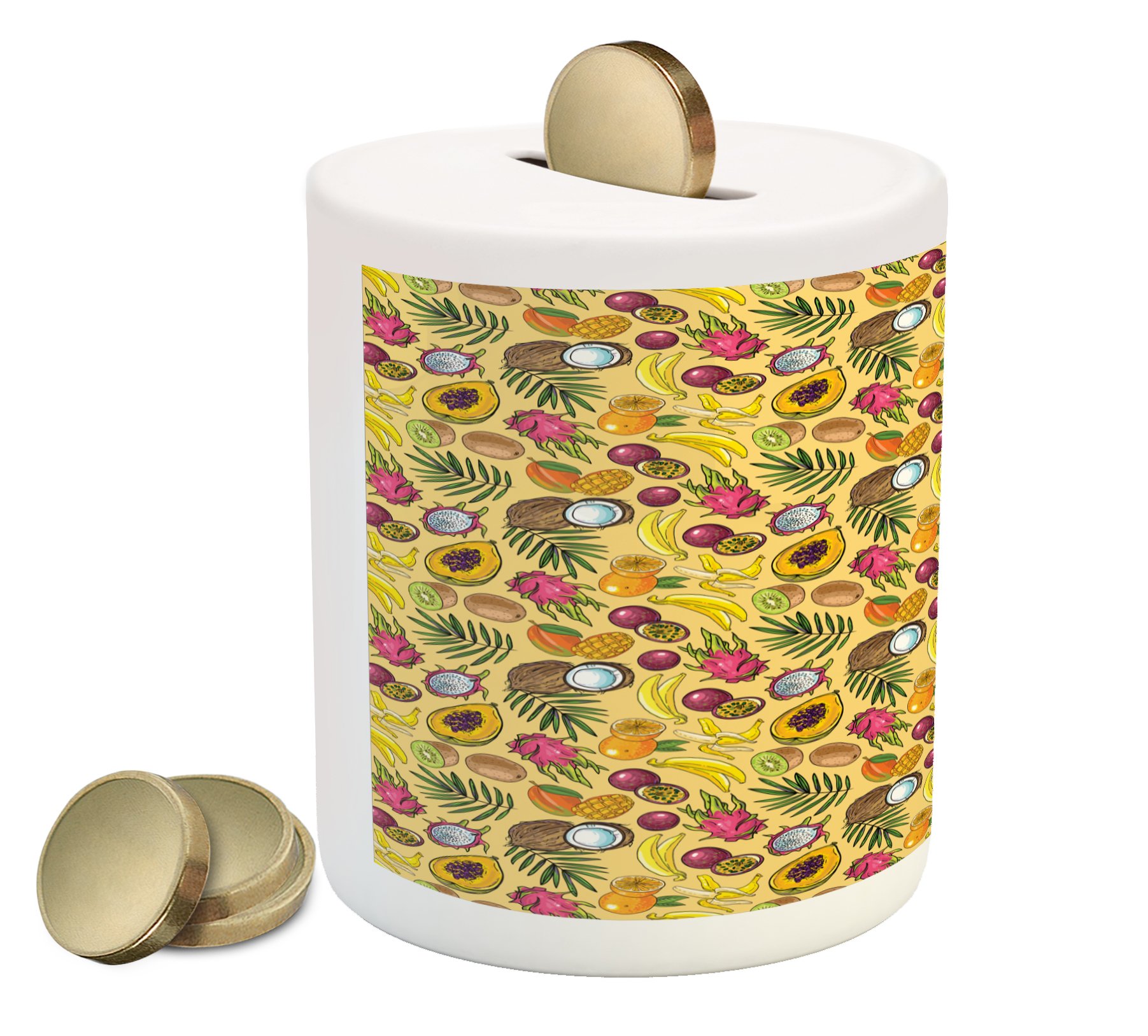 Ambesonne Ceramic Piggy Bank with Tropical Fruit Design - Kiwi, Mango, Papaya & Coconut Print Money Box for Cash Savings | Colorful Coin Bank for Kids Room Decor, Birthday Gifts & Home Savings Jar