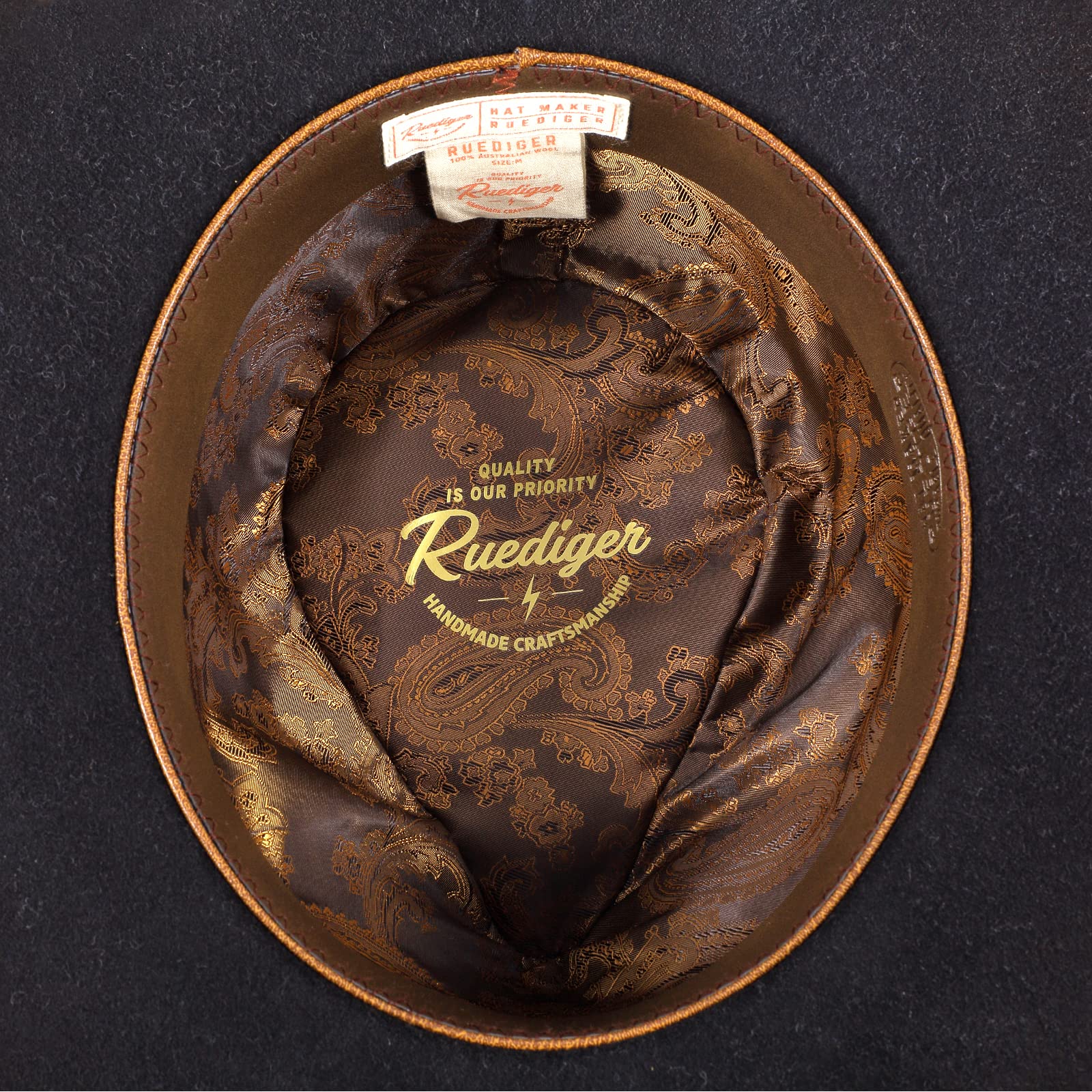 RUEDIGER 100% Wool Felt Wide Brim Fedora Hat for Men & Women - Distressed/Burned Handmade Panama Rancher Hat with Lightning Logo | Perfect for Outdoor Adventures, Music Festivals & Western Style