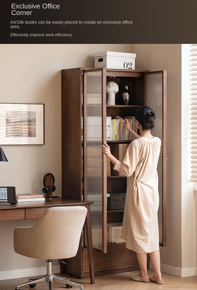 Solid Black Walnut Wood Bookcase with Glass Doors - Stylish Display & Storage Cabinet for Living Room, Office, or Library