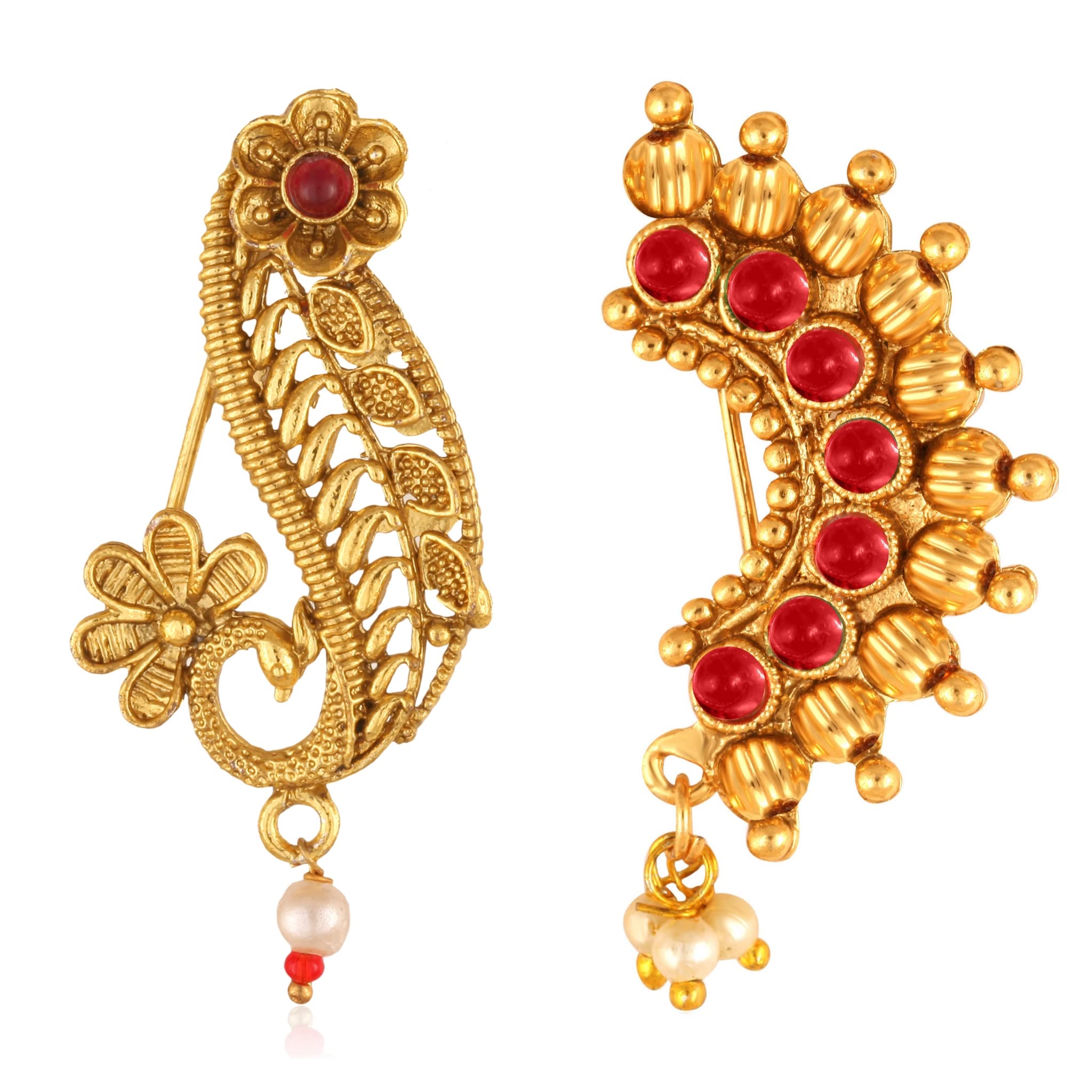 Vighnaharta Golden Moti Pearls Nose Pin - Gold Plated Alloy Nose Ring Set of 2 - Valentine's Day Gift for Her/Him - Elegant Indian Jewelry for Weddings, Parties & Festive Occasions [VFJ1095-1113NTH-Press-Red]