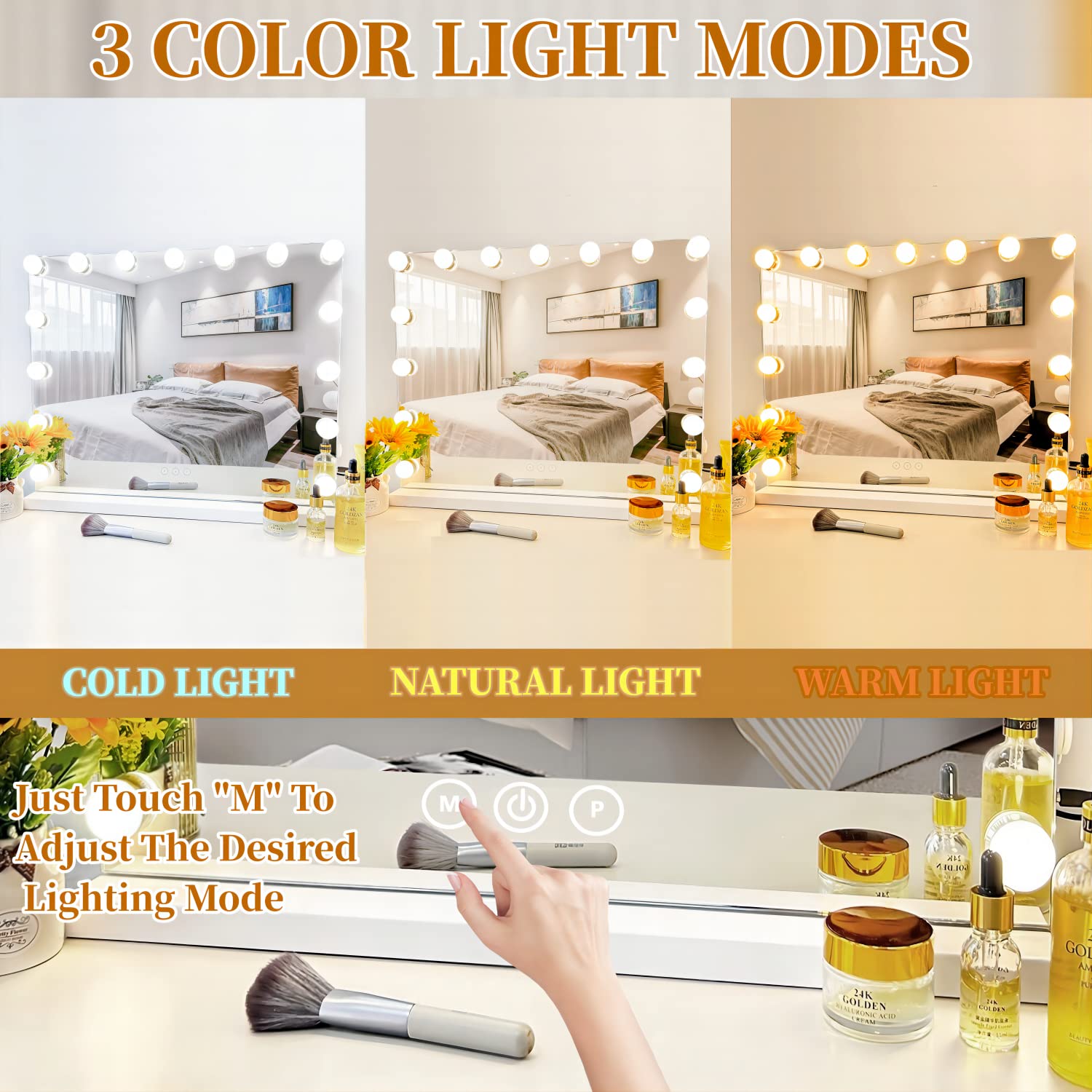 Vanity Mirror with Lights - 15 Dimmable LED Bulbs, 3 Color Lighting Modes, 10x Magnification & 360° Rotation for Makeup & Skincare | Perfect for Dressing Room, Bedroom & Bathroom (Off White)