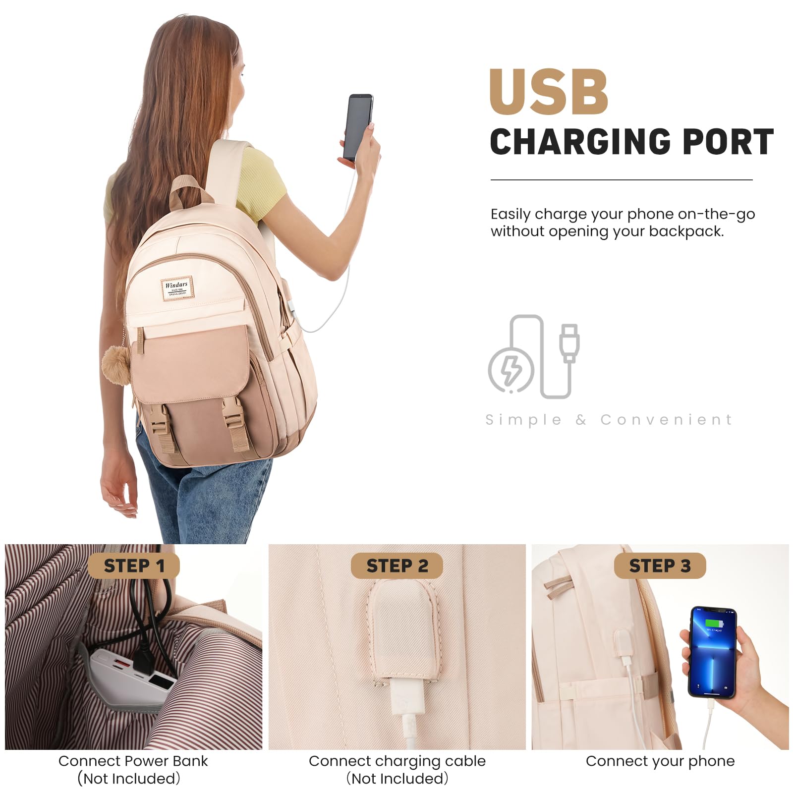Stylish Aesthetic Backpack for Teen Girls & College Women - 15.6 Inch Laptop School Bag, Large Travel Backpack for Middle School & University Students (Khaki Beige) | Perfect for School, Work, Travel & Daily Commute