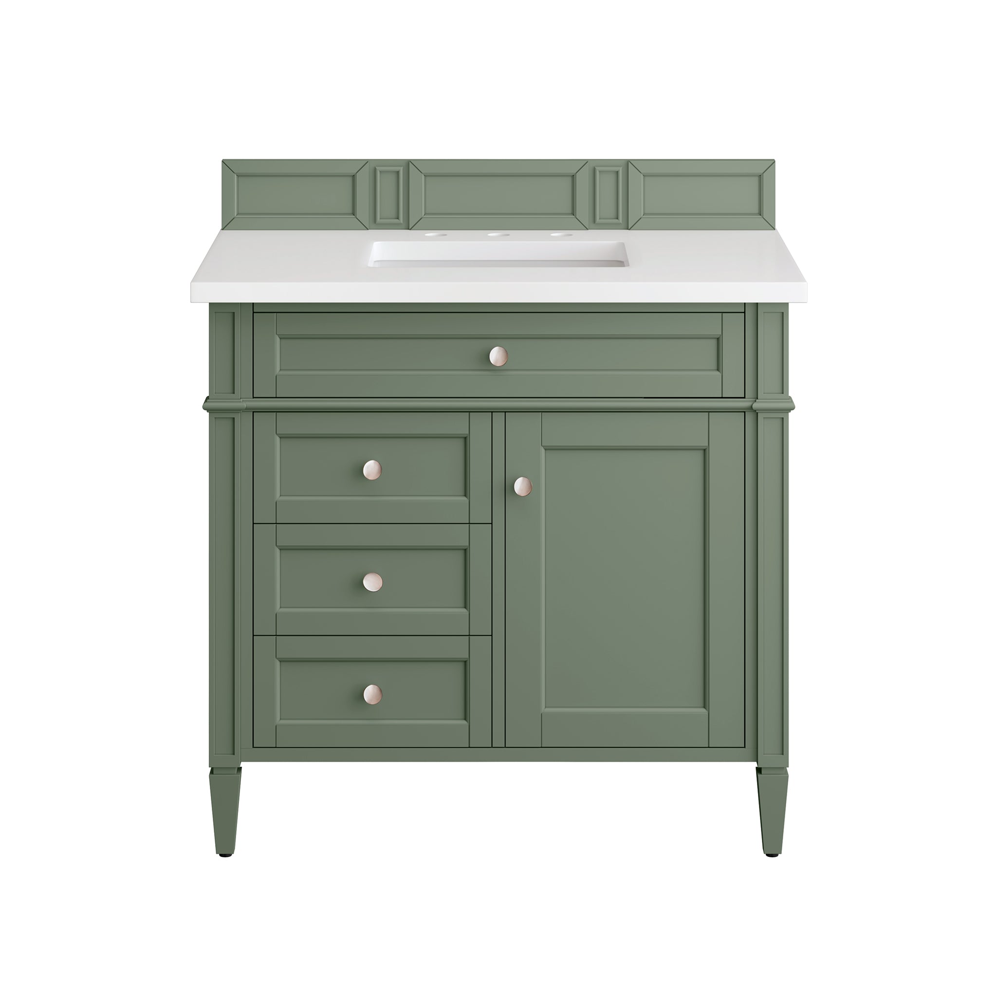 Brittany 36 Inch Single Bathroom Vanity with Smokey Celadon Finish & 3CM White Zeus Countertop - Perfect for Modern Master Bathrooms and Guest Bath Renovations