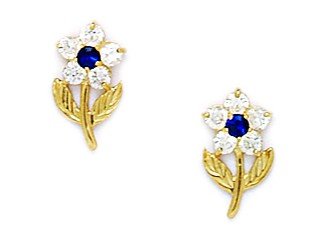 14K Yellow Gold September Birthstone Blue CZ Flower Leaf Screw Back Earrings 11x6mm - Elegant Jewelry Gift for Women, Perfect for Birthdays, Anniversaries & Special Occasions