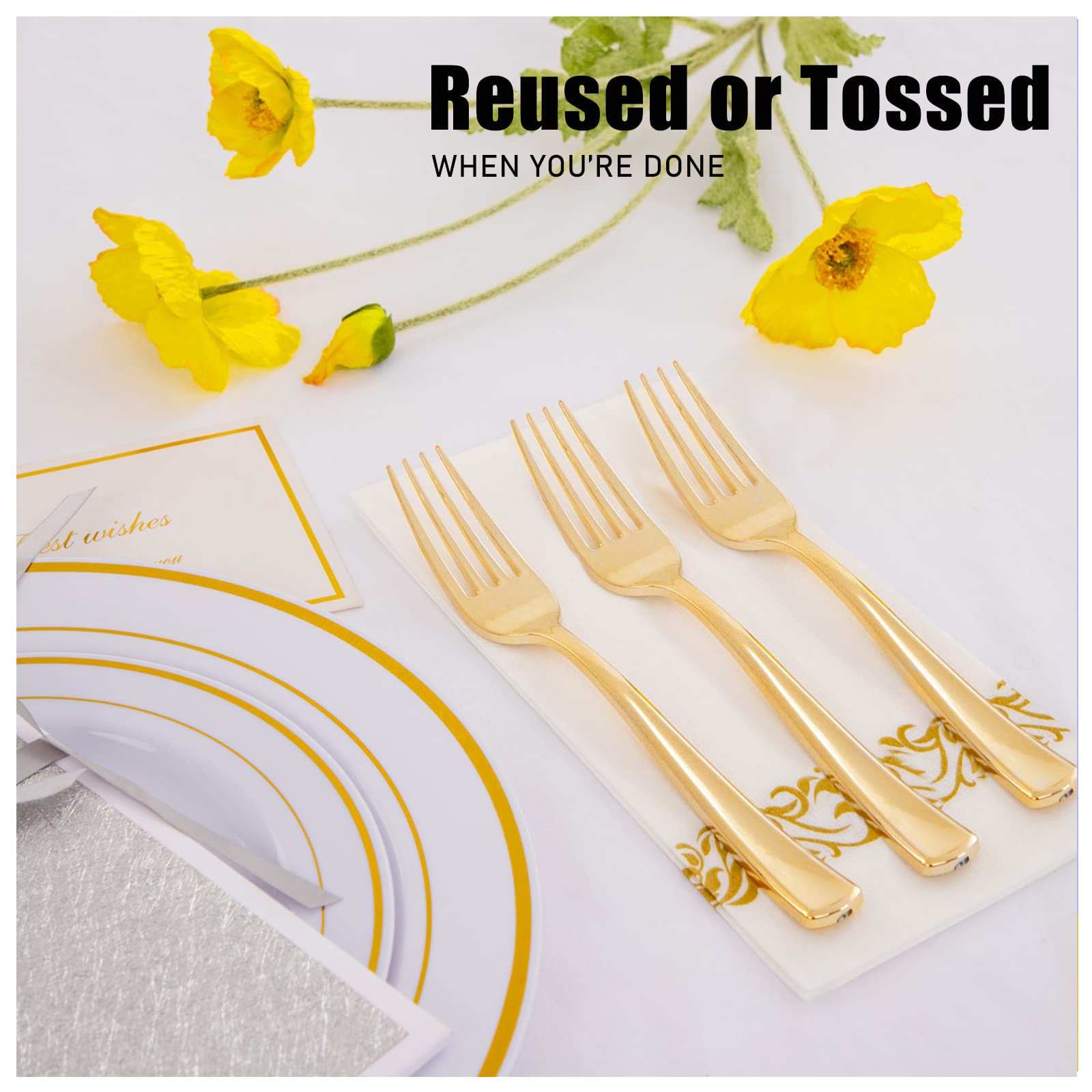 100 Pcs Gold Plastic Forks Heavy Duty Disposable Cutlery - BPA-Free, Sturdy & Durable 7.4 Inch Elegant Forks for Desserts, Parties, Weddings, Picnics, Catering Events and Daily Use - Perfect for Birthday Celebrations, Baby Showers and Office Luncheons