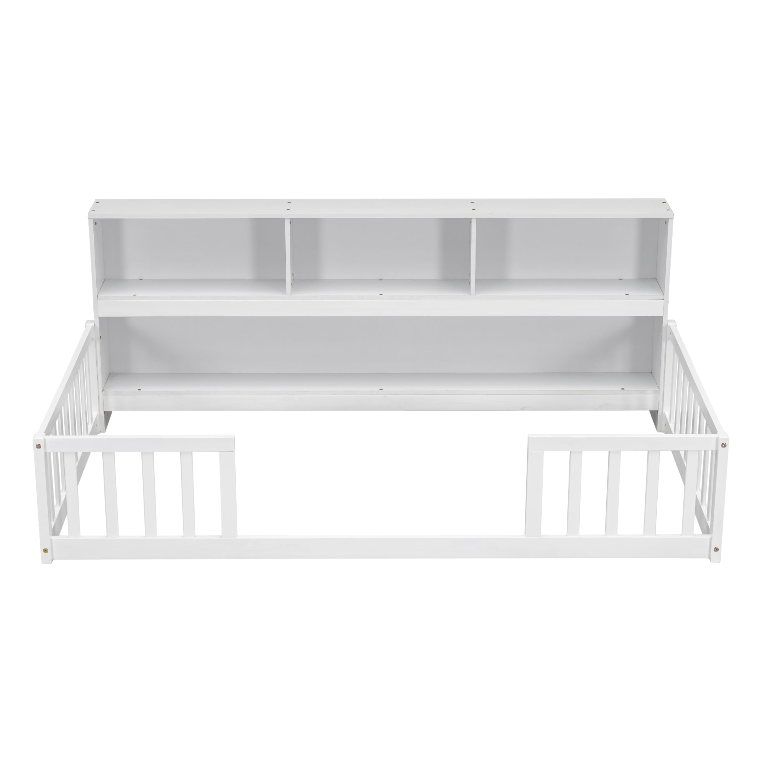 Bellemave Montessori Floor Bed for Kids - Twin Size with Bookcase & Shelves - Sturdy Wooden Bed Frame for Boys & Girls - White - Perfect for Montessori Bedrooms, Playrooms & Cozy Reading Nooks