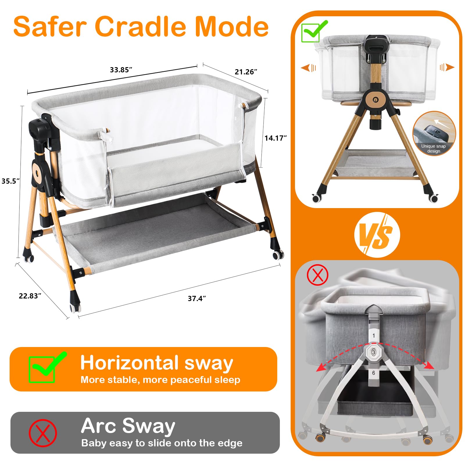 **Portable Baby Bassinet with Adjustable Height & Storage - 6-Level Bedside Sleeper for Newborns, Breathable Mesh Sides, Wheels & Rocking Function - Perfect for Nursery, Co-Sleeping & Travel**