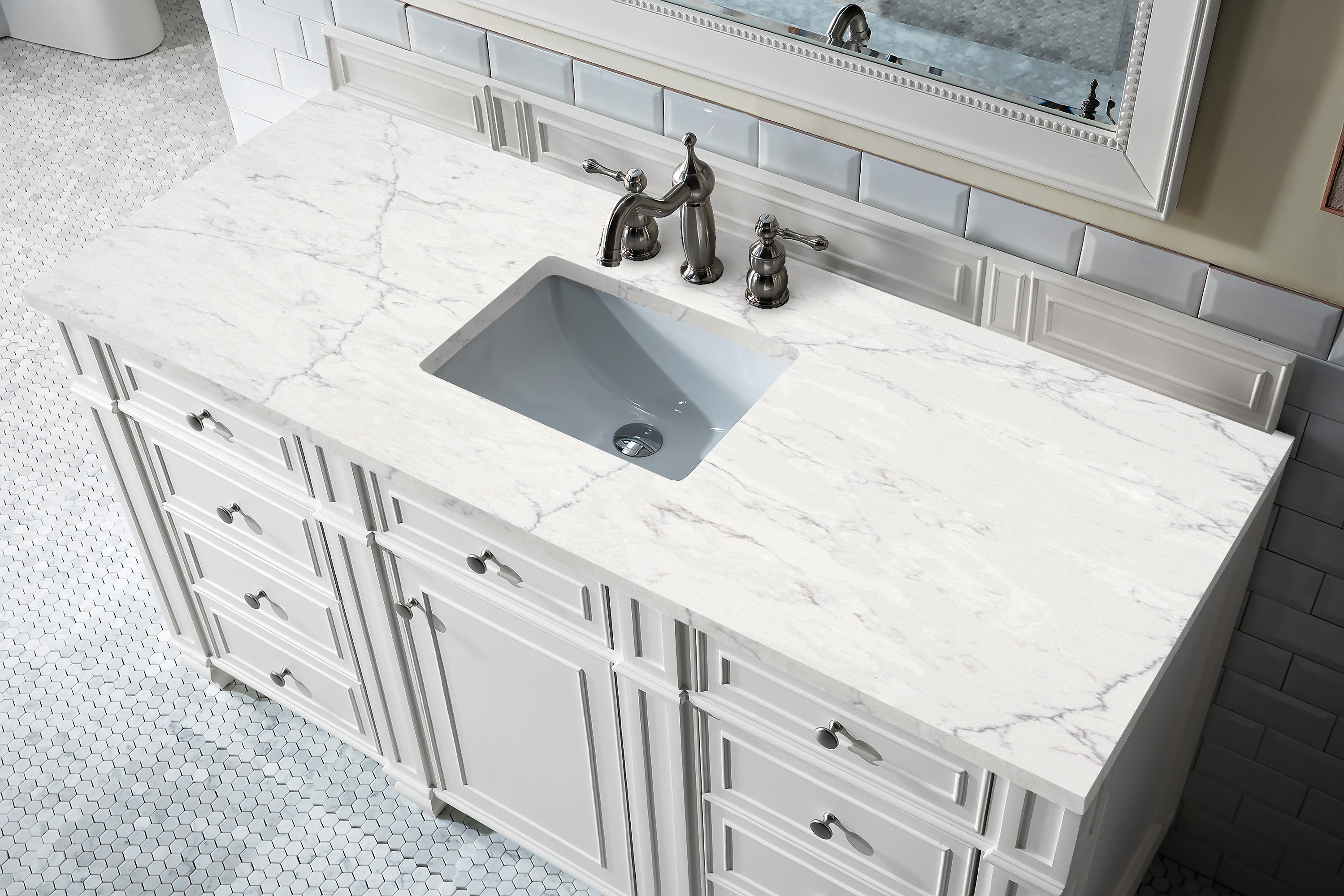 Bristol 60 Inch Single Bathroom Vanity with 3CM Eternal Jasmine Pearl Quartz Top in Bright White - Perfect for Modern Bathrooms, Master Suites & Home Renovations