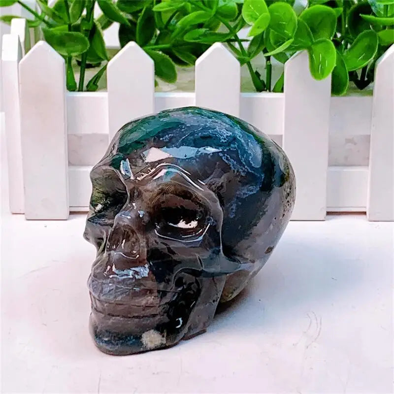 Natural Moss Agate Skull Crystal Carving - Healing Energy Stone for Home Decor, Meditation & Spiritual Gifts | Halloween Decor, Witchcraft Supplies & Reiki Healing Tool (1PC)