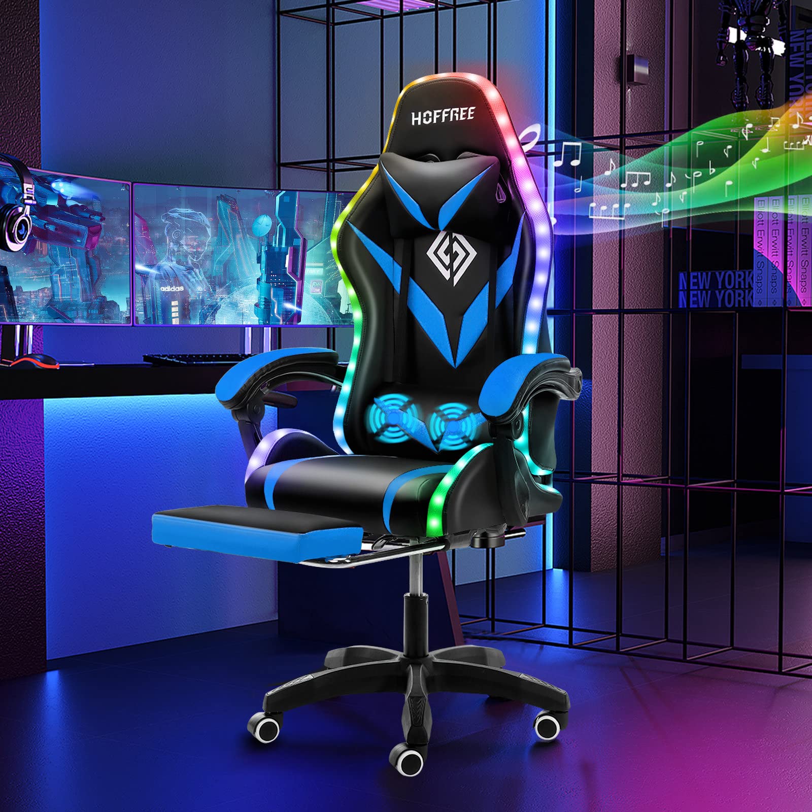 HOFFREE Ergonomic Gaming Chair with Massage, Bluetooth Speakers & RGB LED Lights - High Back Lumbar Support Computer Chair with Footrest for PC Gamers - Perfect for Esports, Streaming & Home Office (Blue & Black)