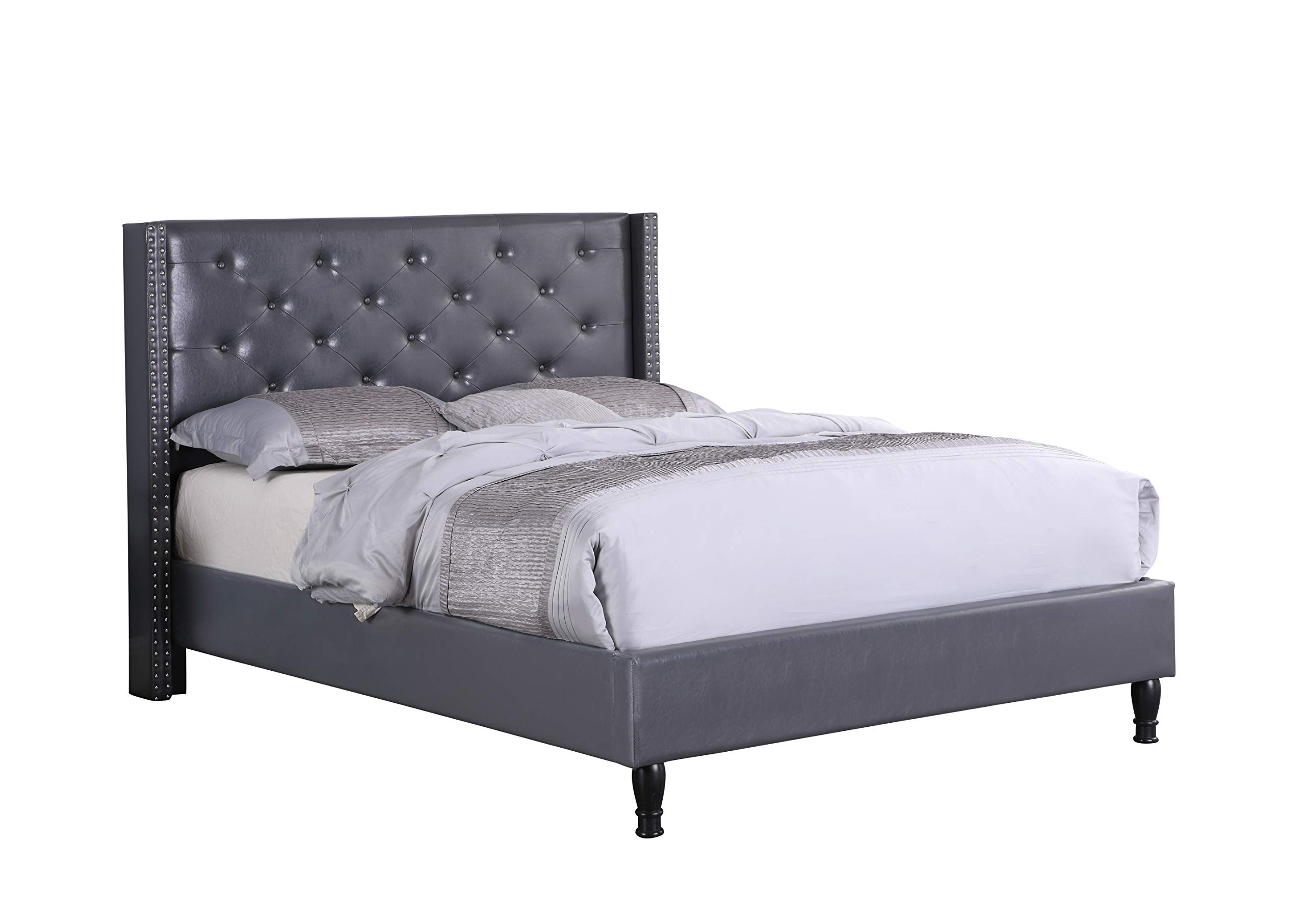 Premium Full Size Leather Tufted Headboard Platform Bed with Nails - 51