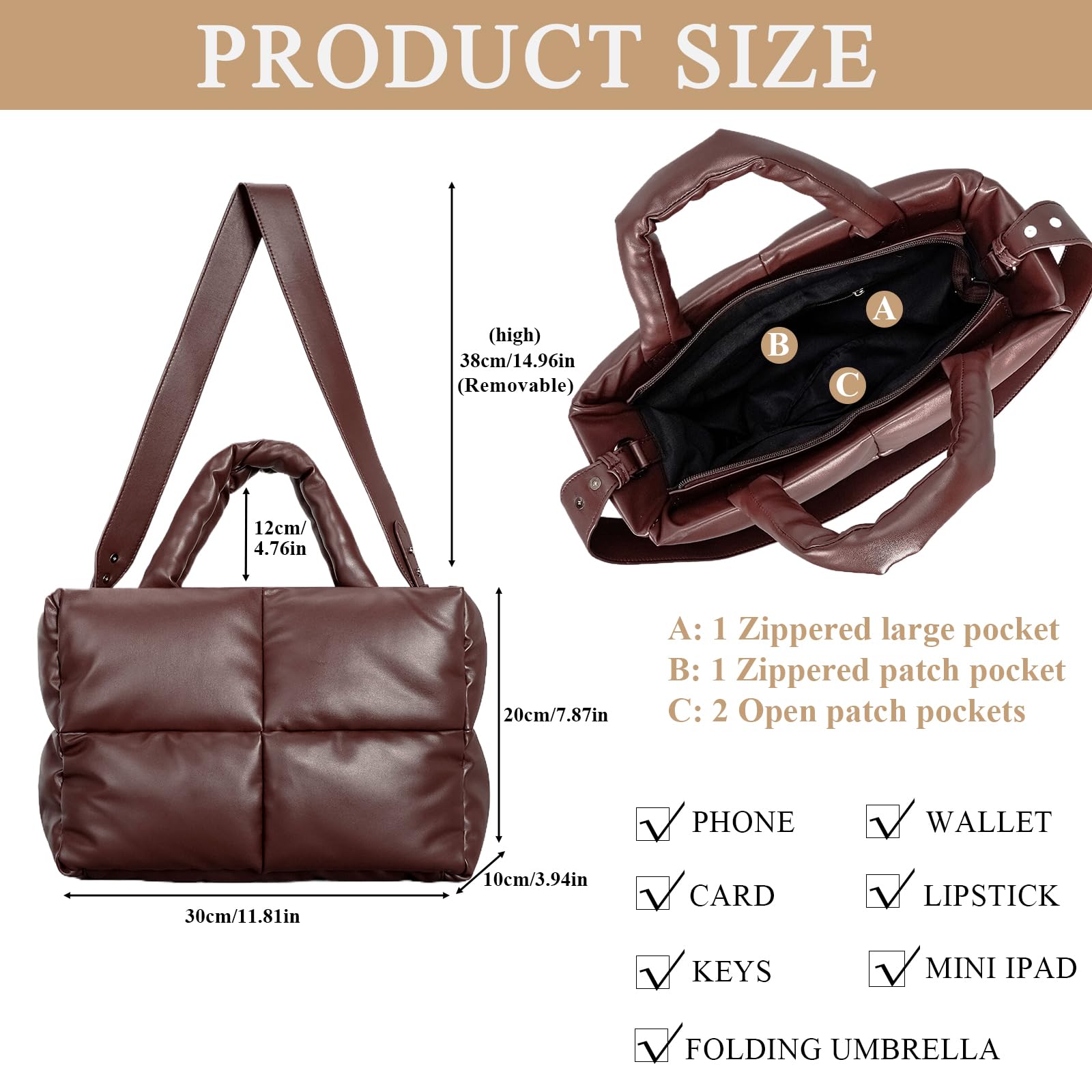 Women's Lightweight Winter Puffer Tote Bag - Quilted Down Cotton Padded Shoulder Handbag Purse | Perfect for Work, Travel & Shopping