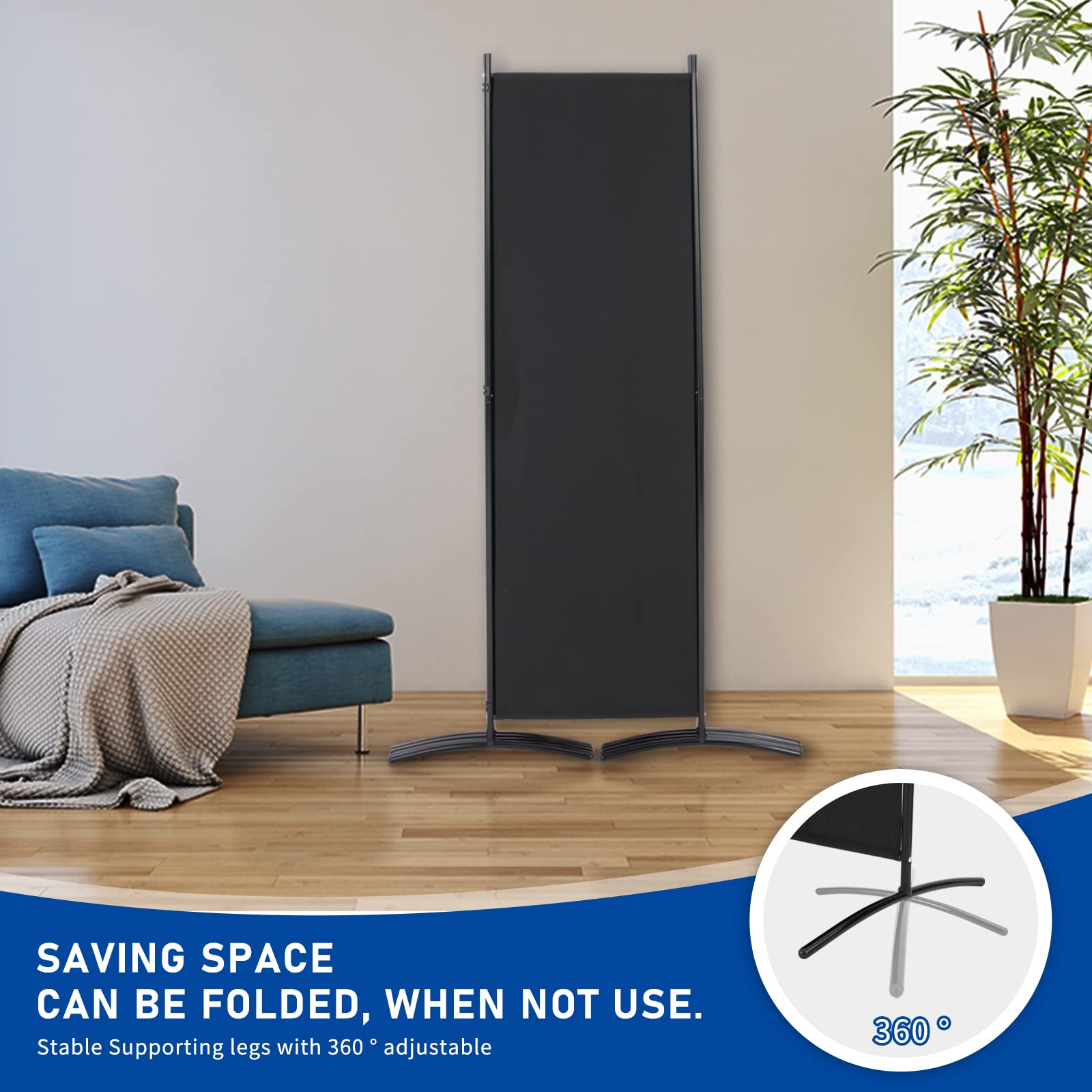 4 Panel Folding Room Divider Privacy Screen - 5.6 FT Freestanding Partition for Office, Bedroom & Study - Portable Space Separator for Home & Office Use - Black
