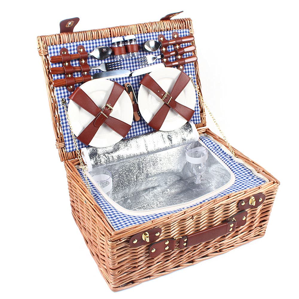 Premium 4-Person Picnic Basket Set - Insulated Willow Wicker Hamper with Utensils & Cutlery | Handmade Picnic Accessories for Outdoor Dining, Camping, Beach Trips & Romantic Getaways