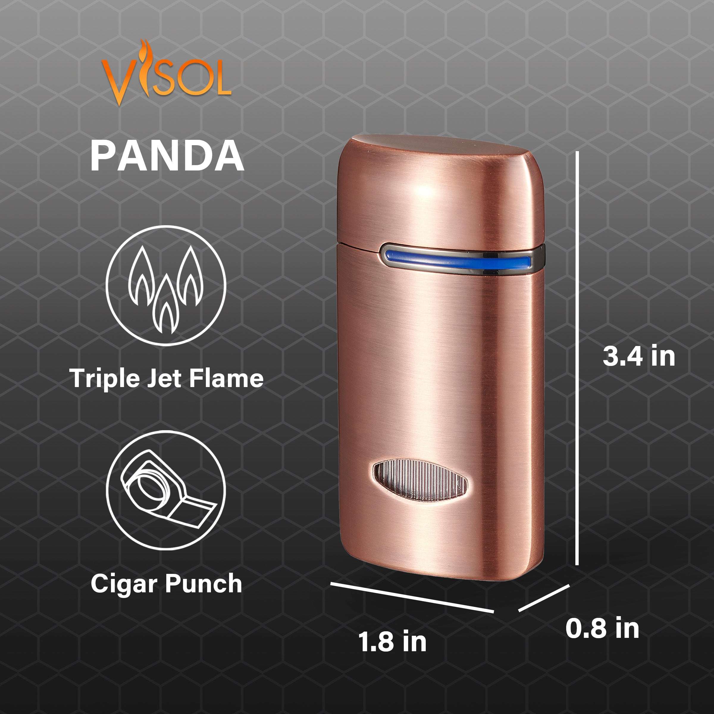 Visol Panda Triple Flame Cigar Lighter - Windproof Butane Torch Lighter with Copper Finish | Perfect for Cigars, Cigarettes & Outdoor Use