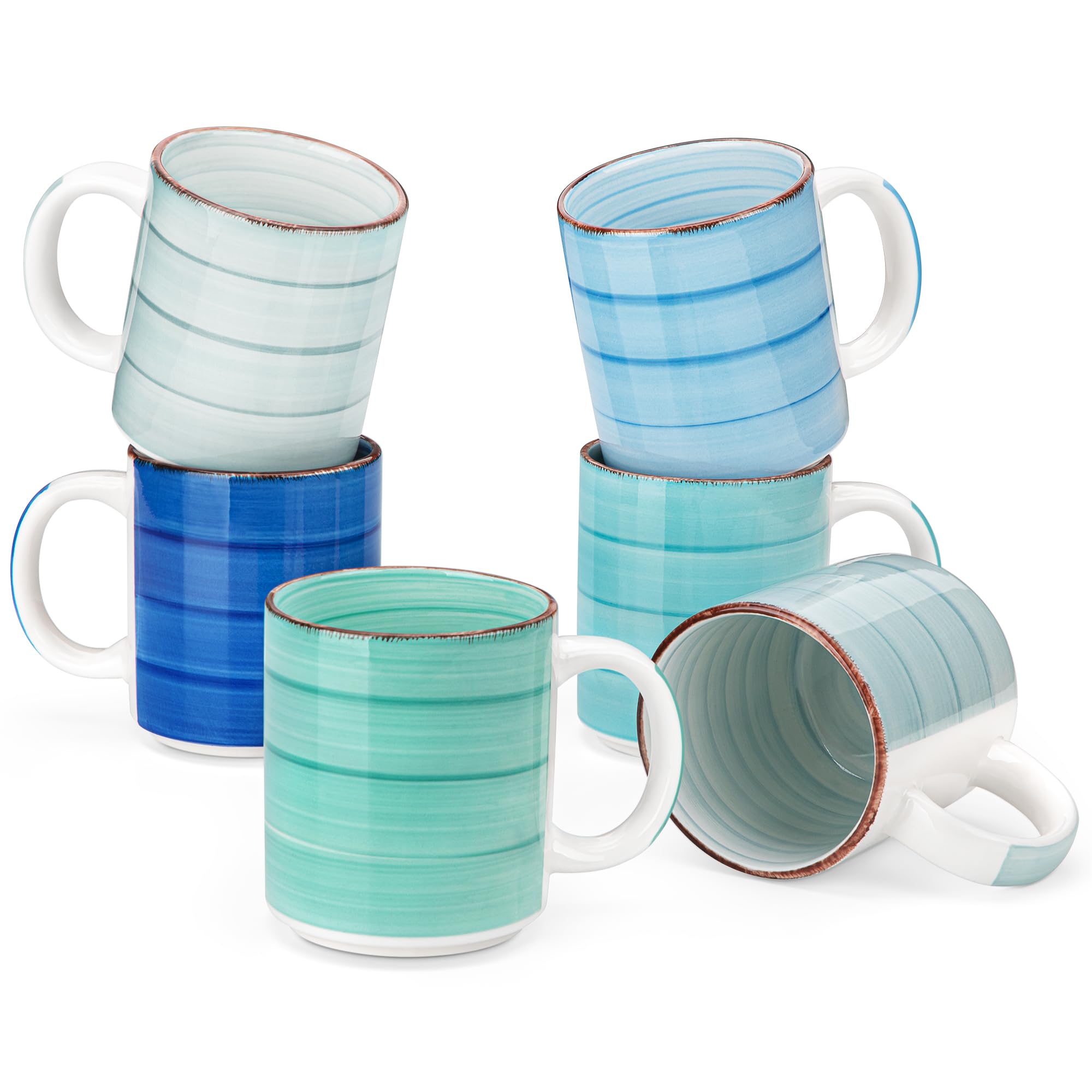 Vancasso Bonita 16 oz Ceramic Coffee Mug Set of 6 - Large Handle Tea Latte Cappuccino Cups - Dishwasher & Microwave Safe - Perfect for Home, Office & Gifts (Blue)
