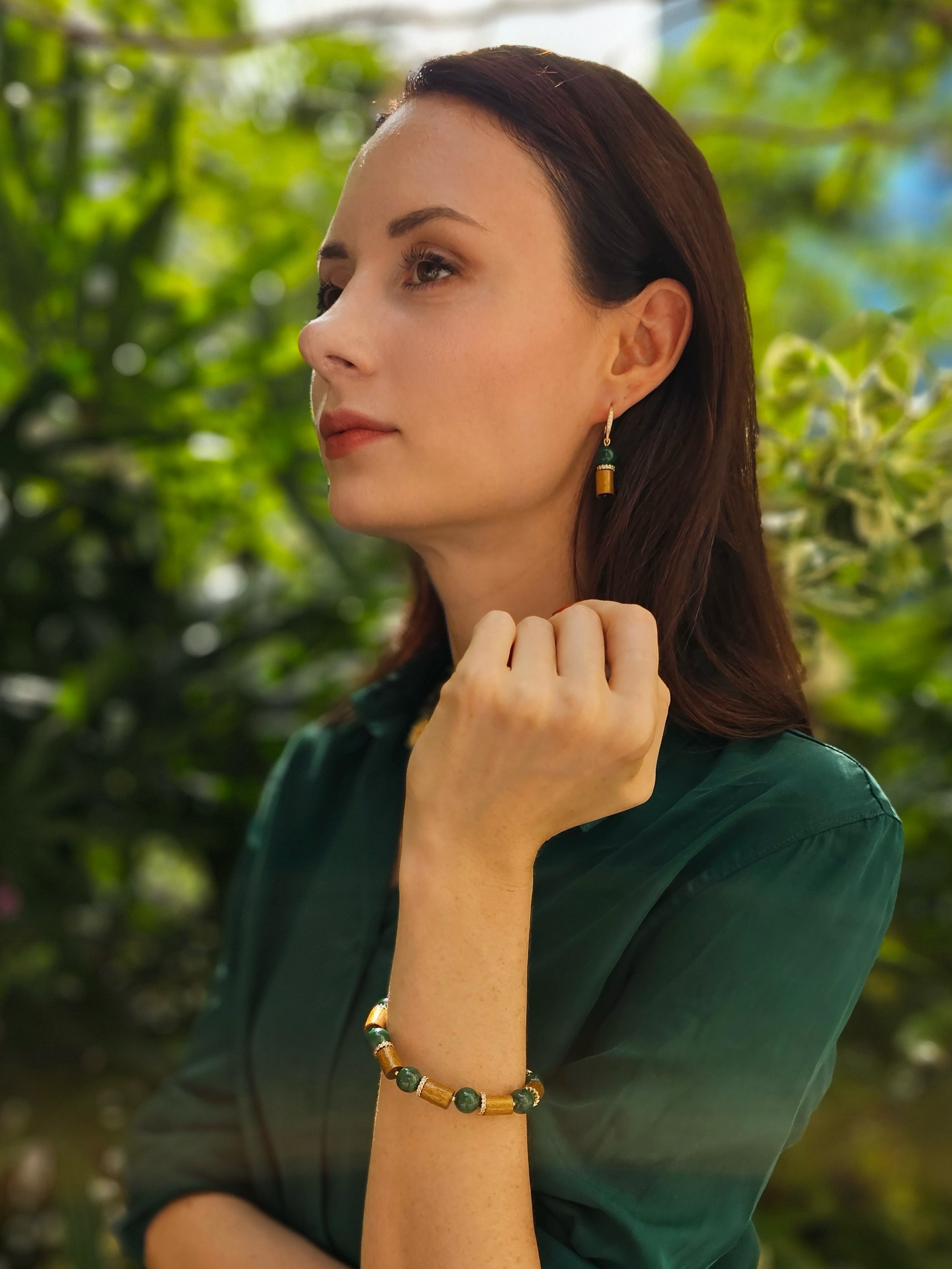 Golden Coral and Malachite Dangle Earrings NE033 - Elegant Handmade Jewelry for Women, Perfect for Parties, Weddings & Special Occasions