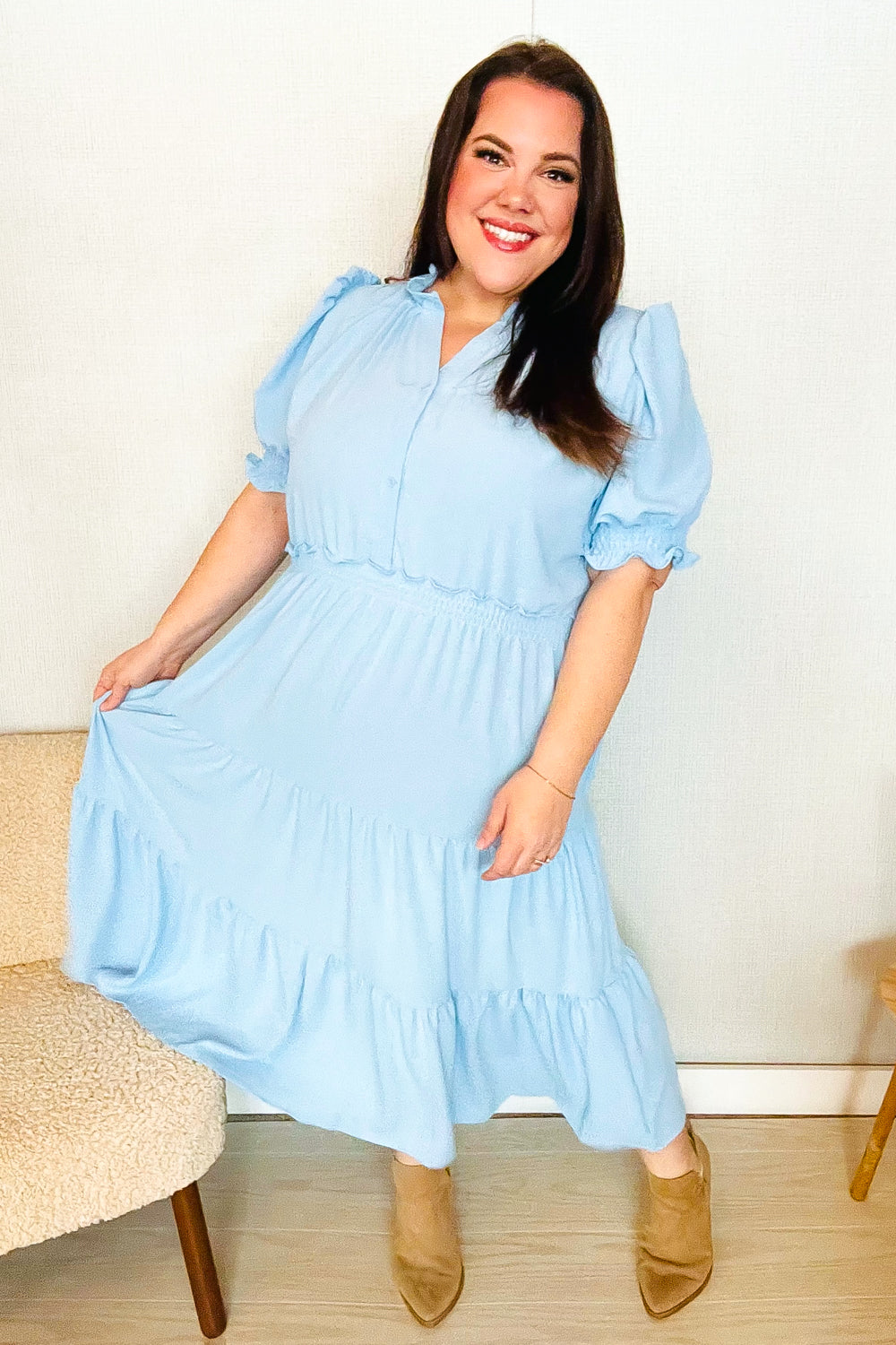 Follow Me Aqua Frill Notch Neck Shirred Waist Tiered Maxi Dress - Elegant Summer Beach Dress for Women, Perfect for Vacations, Weddings & Outdoor Parties