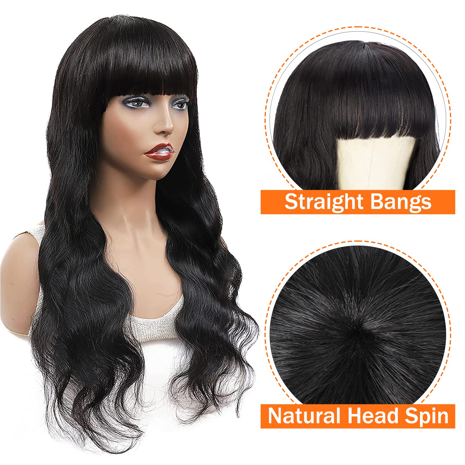 Brazilian Virgin Human Hair Wigs for Black Women - 18 Inch Body Wave Glueless Machine Made Wig with Bangs (150% Density, Natural Color) | Perfect for Daily Wear, Special Occasions & Protective Styling