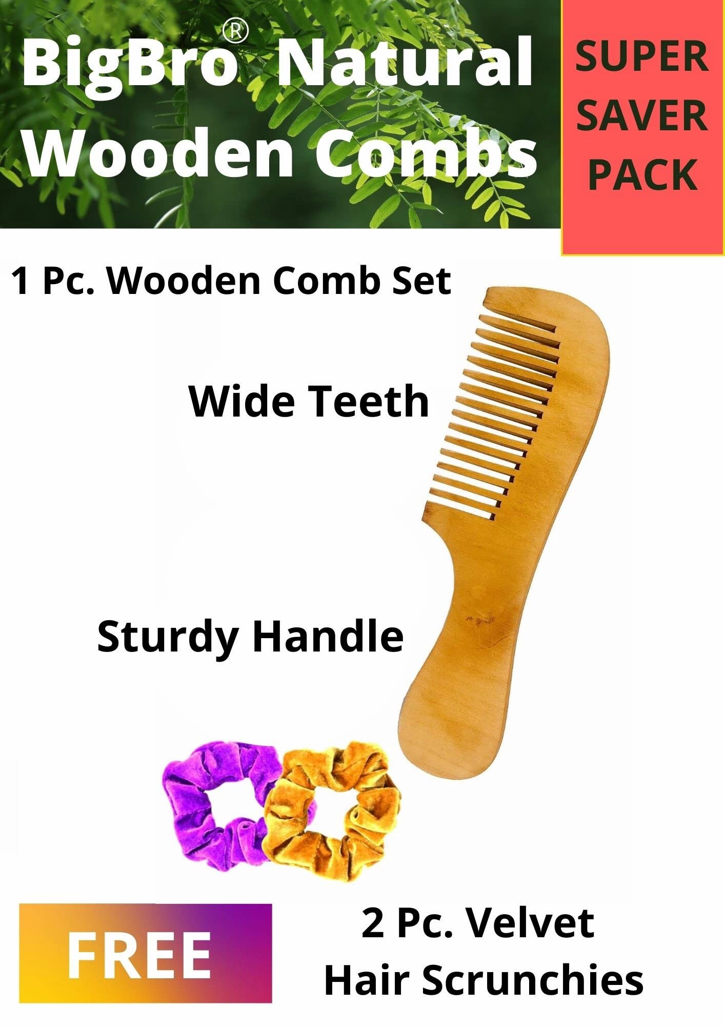 Pure Natural Wooden Wide Tooth Comb with Handle for Women & Men | Organic Antibacterial Hair Care & Dandruff Removal | Handcrafted Styling Comb for Detangling & Scalp Massage | Includes 2 Velvet Hair Scrunchies | Perfect for Daily Hair Care, Travel & Gifts