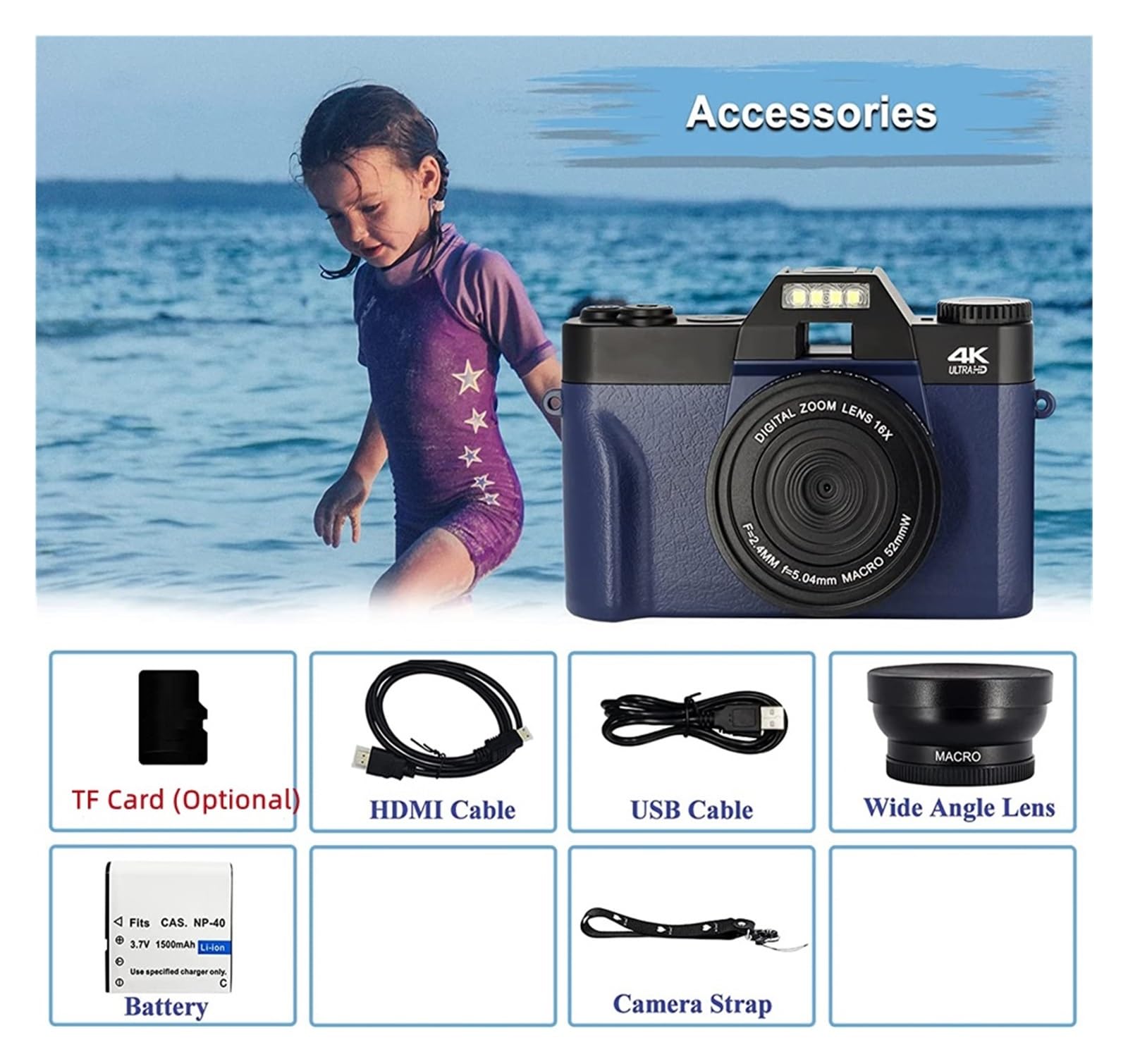 4K 48MP Digital Video Camera with Macro Lens & Wide Angle - WiFi Vlog Camcorder, 3
