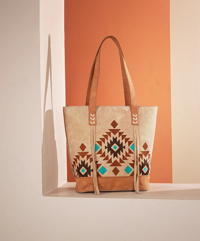 Montana West Aztec Embroidered Tote Bag Set for Women - Stylish Boho Shoulder Bag with Handmade Tribal Patterns - Perfect for Travel, Beach, Shopping & Everyday Use