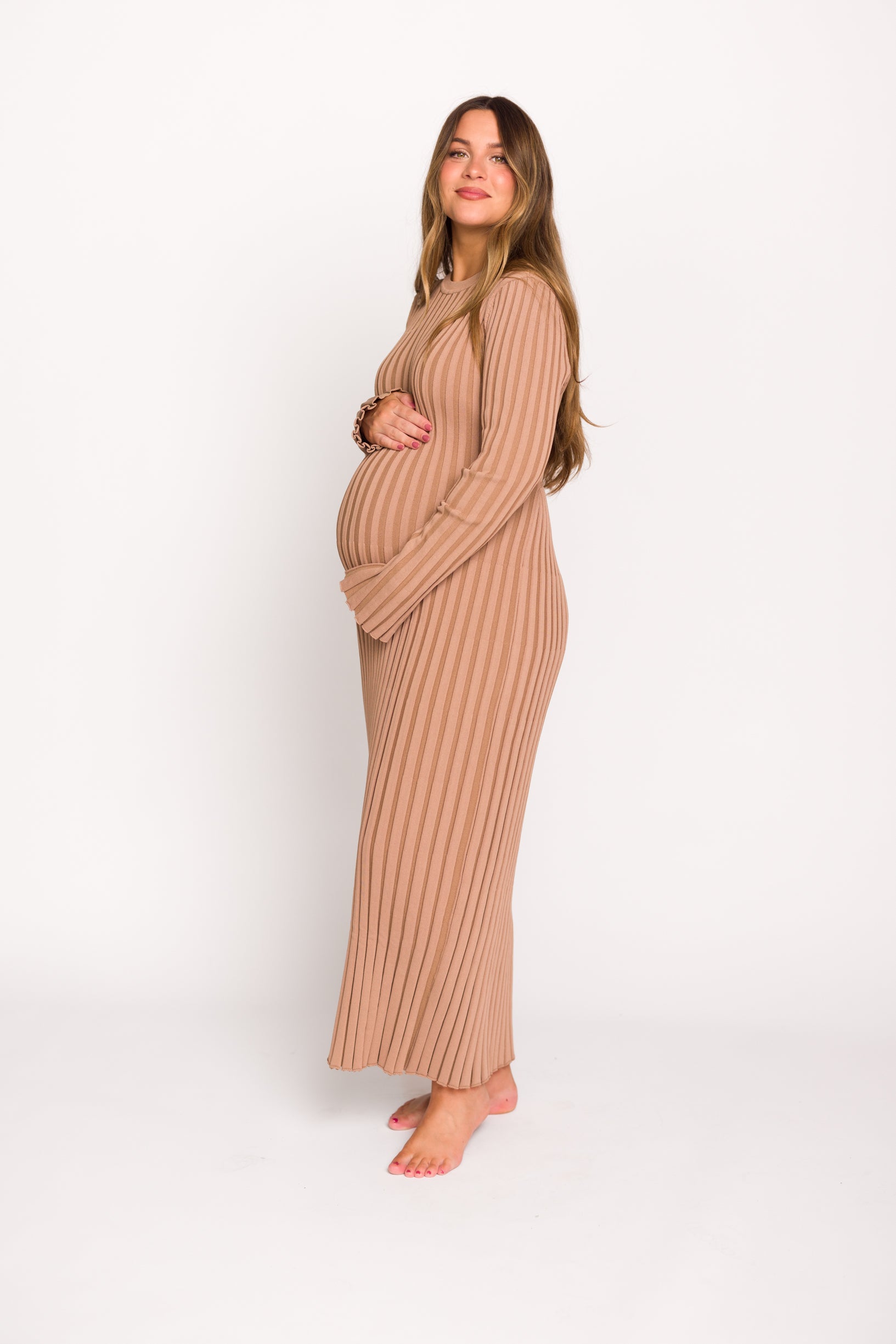 Colette Premium Long Sleeved Ribbed Knit Maxi Dress - Dark Natural | Bump Friendly Maternity Wear | Perfect for Pregnancy, Nursing & Special Occasions