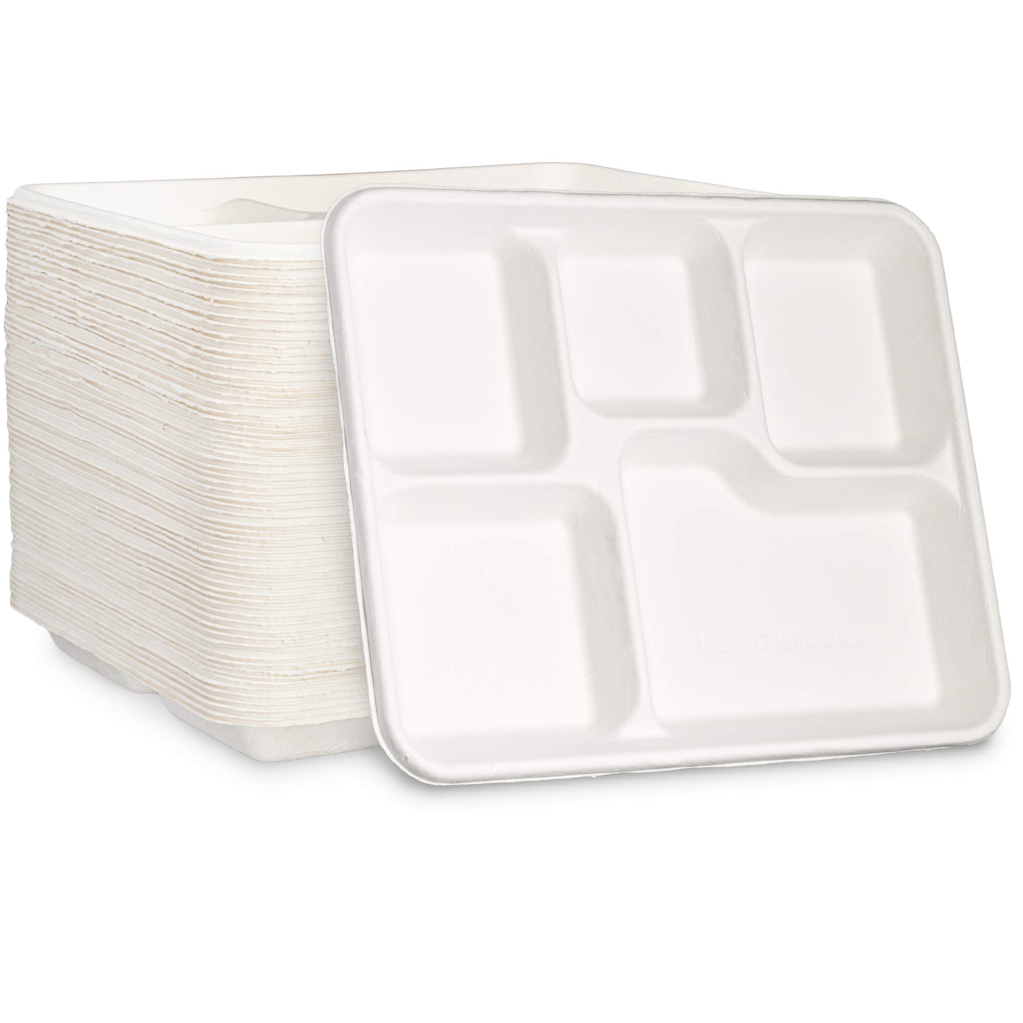125 Count 100% Compostable 5-Compartment Disposable Plates - 10 Inch Eco-Friendly Sugarcane Fiber Trays for Parties, Picnics & Sustainable Dining