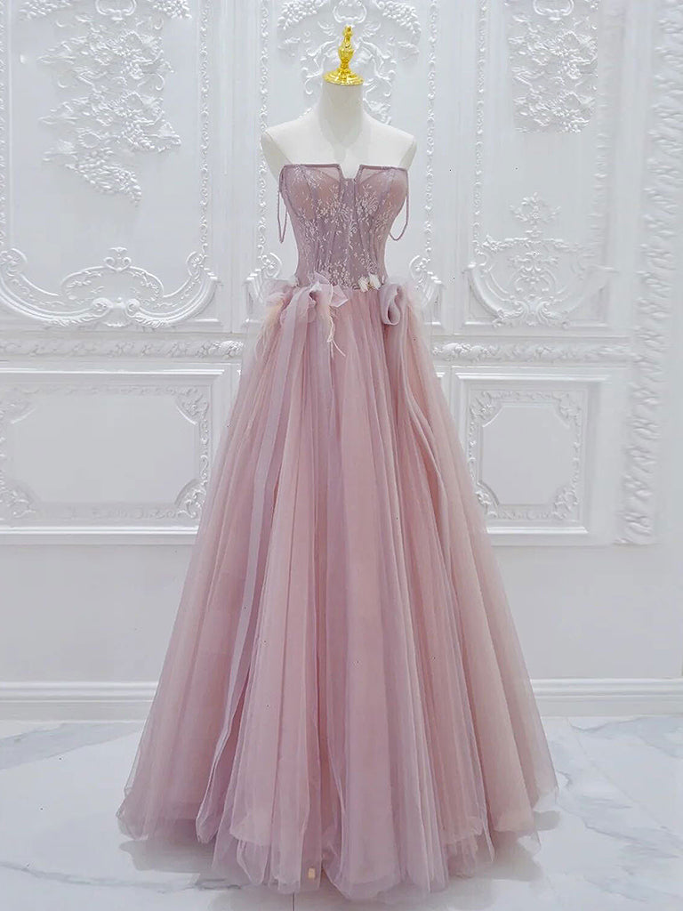 Elegant A-Line Pink Tulle Lace Long Prom Dress - Formal Evening Gown for Homecoming, Quinceañera & Wedding - Perfect for Special Occasions & Ballroom Dances