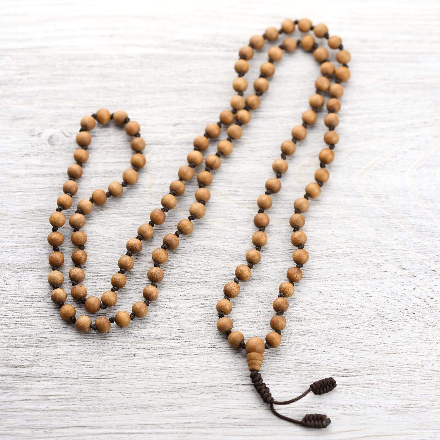 Hand Knotted Sandalwood Mala Beads Necklace - 108 Brown Cord Prayer Beads for Meditation, Yoga & Spiritual Practice - Natural Wood Buddhist Rosary for Mindfulness & Stress Relief