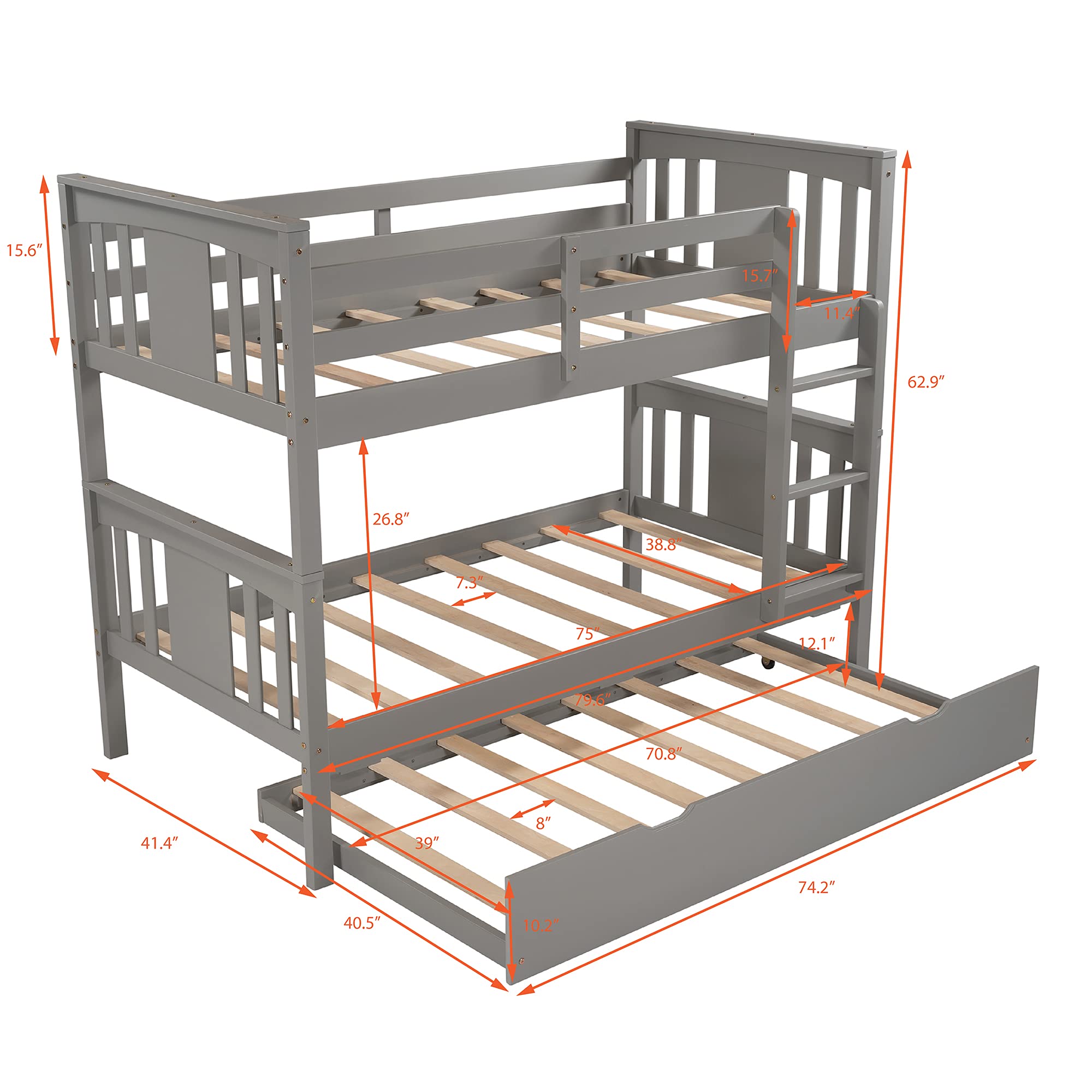 **Twin Over Twin Bunk Bed with Trundle for Kids - Solid Wood Bunk Bed Frame with Headboard, Footboard & Ladder - No Box Spring Needed - Space-Saving Bedroom & Guest Room Furniture (Gray) - Perfect for Small Rooms, Sleepovers & Shared Kids' Bedrooms**