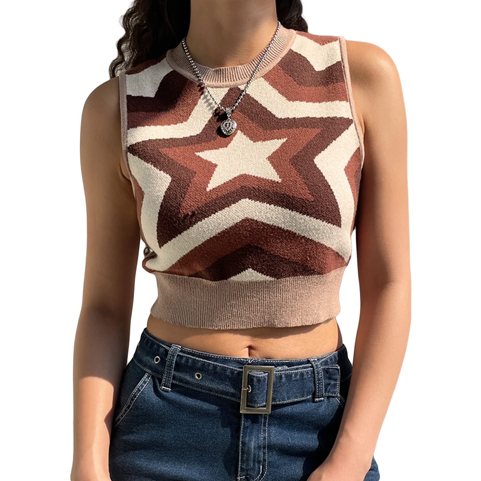 Women's Summer Knit Tank Tops - Sleeveless Star Print Crew Neck Casual Crop Tops for Beach, Vacation & Everyday Wear