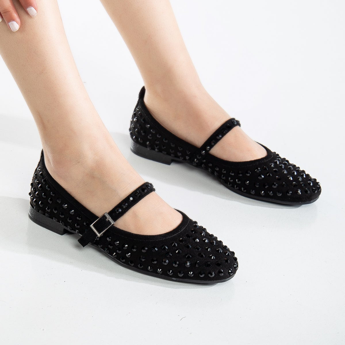 Emilie Black Studded Crystal Mary Jane Flats for Women - Elegant Comfortable Dress Shoes for Weddings, Parties & Formal Occasions