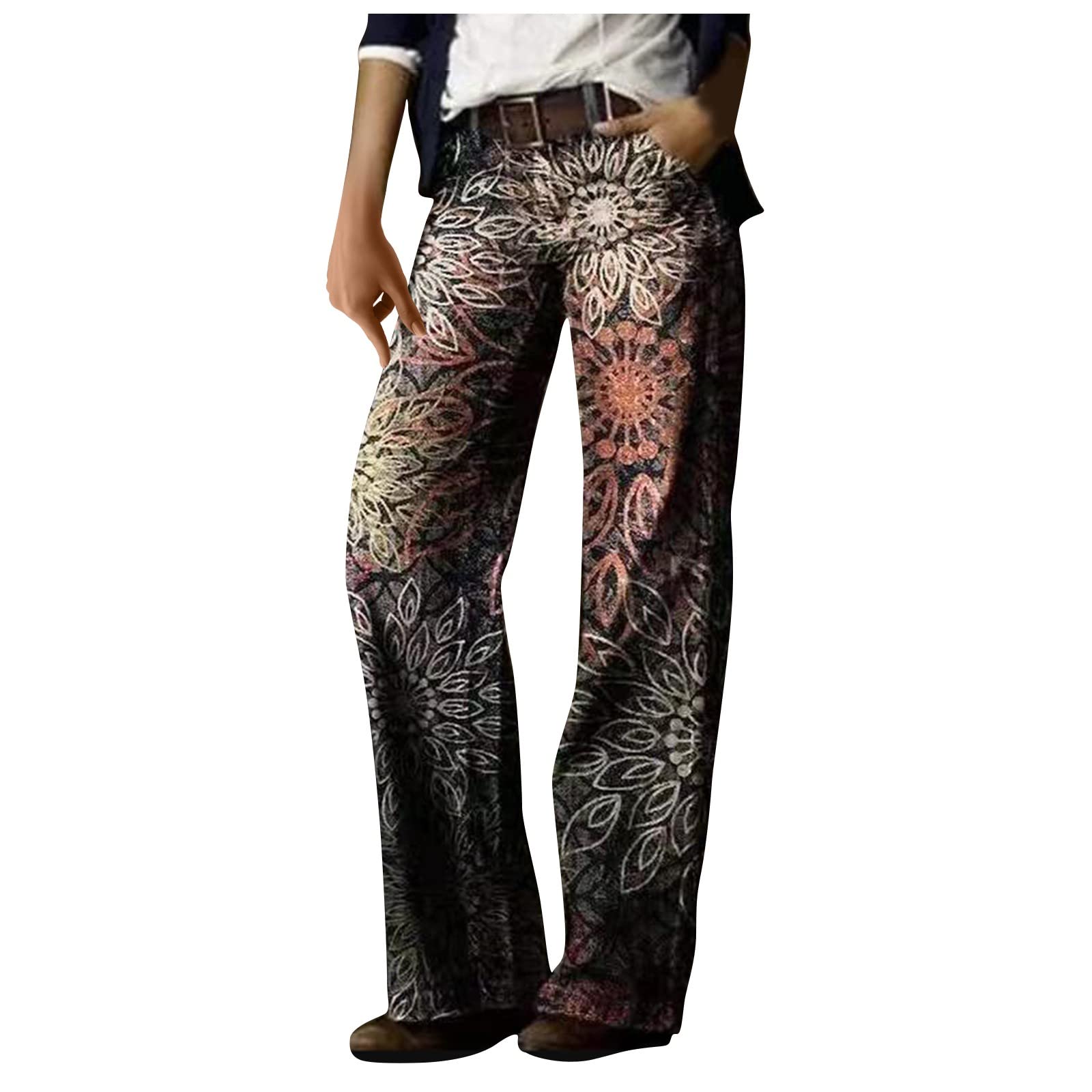 Women's Floral Printed Straight Leg Faux Jeans - Retro Wide Leg Trousers for Casual Wear - Perfect for Spring Outfits, Office Chic & Weekend Brunch
