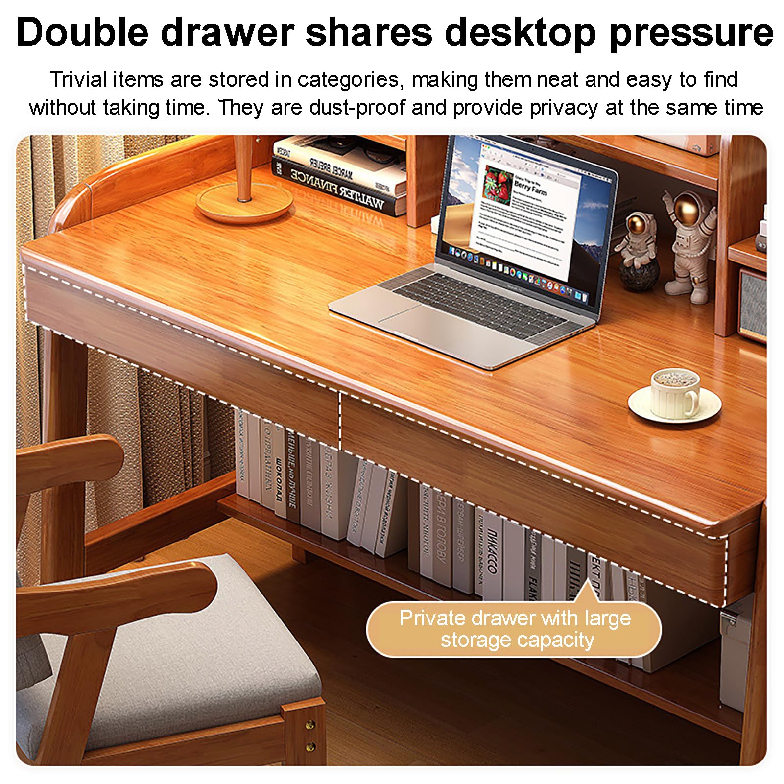 Mid-Century Modern Solid Wood Writing Desk with Hutch & 2 Drawers - 80x60x105cm Home Office Computer Desk, Study Table with Open Storage Shelf - Perfect for Small Spaces, Remote Work & Minimalist Home Decor (31x24x41in, Natural Wood Finish)
