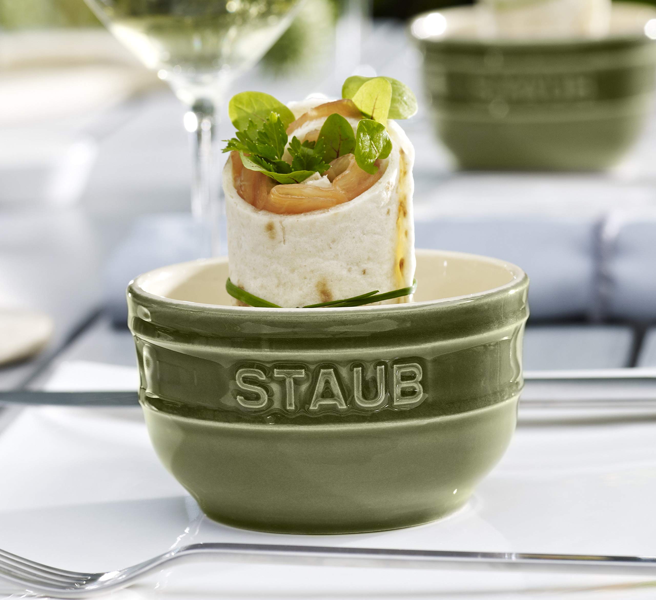 Staub Ceramic 2-Piece Basil Ramekin Set – Perfect for Baking, Serving, and Home Decor | Oven-Safe Mini Cocottes for Soups, Desserts & Dips