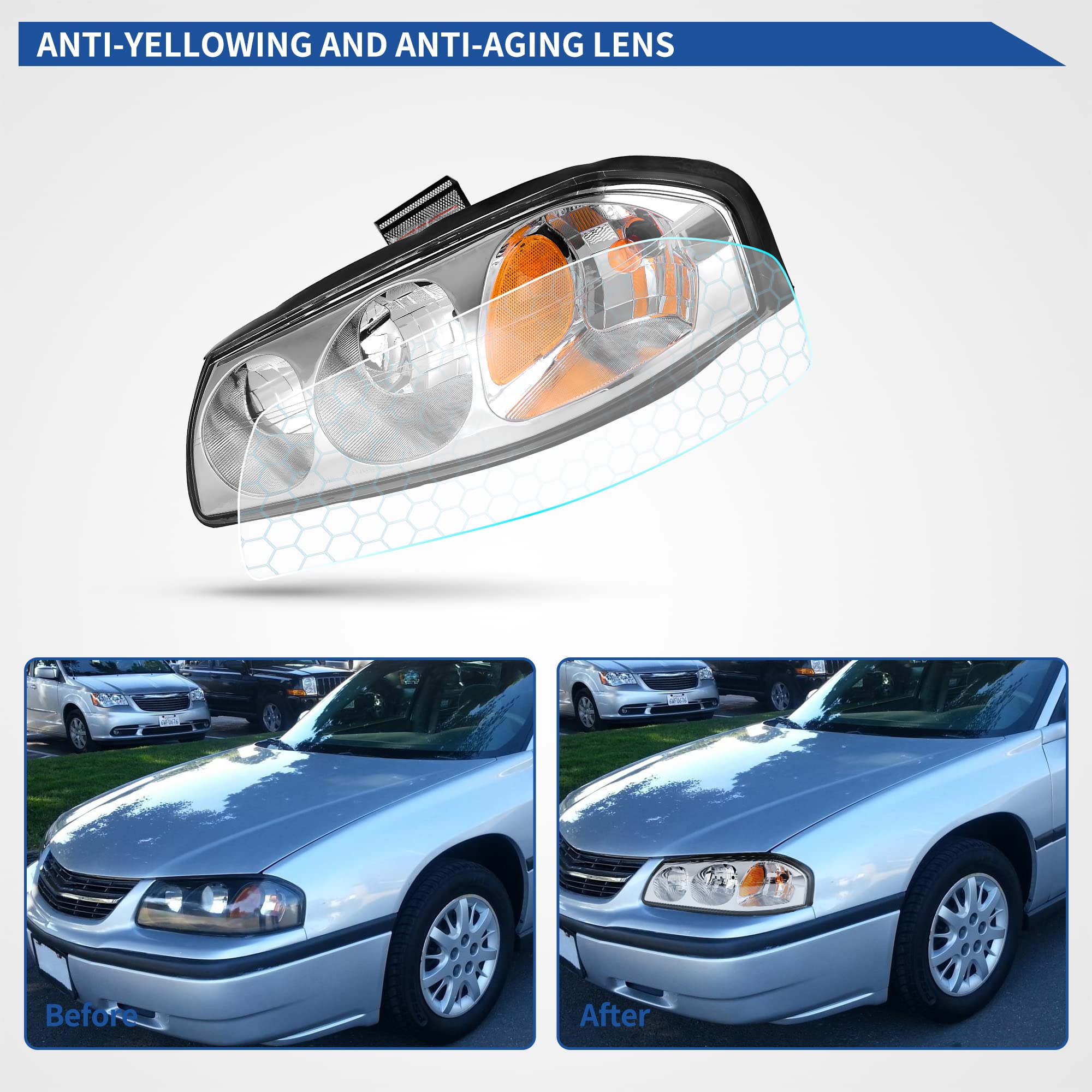 oEdRo Headlight Assembly Replacement for 2000-2005 Chevy Impala - Chrome Housing, Clear Lens with Amber Reflector - Perfect for Night Driving & Vehicle Restoration Projects