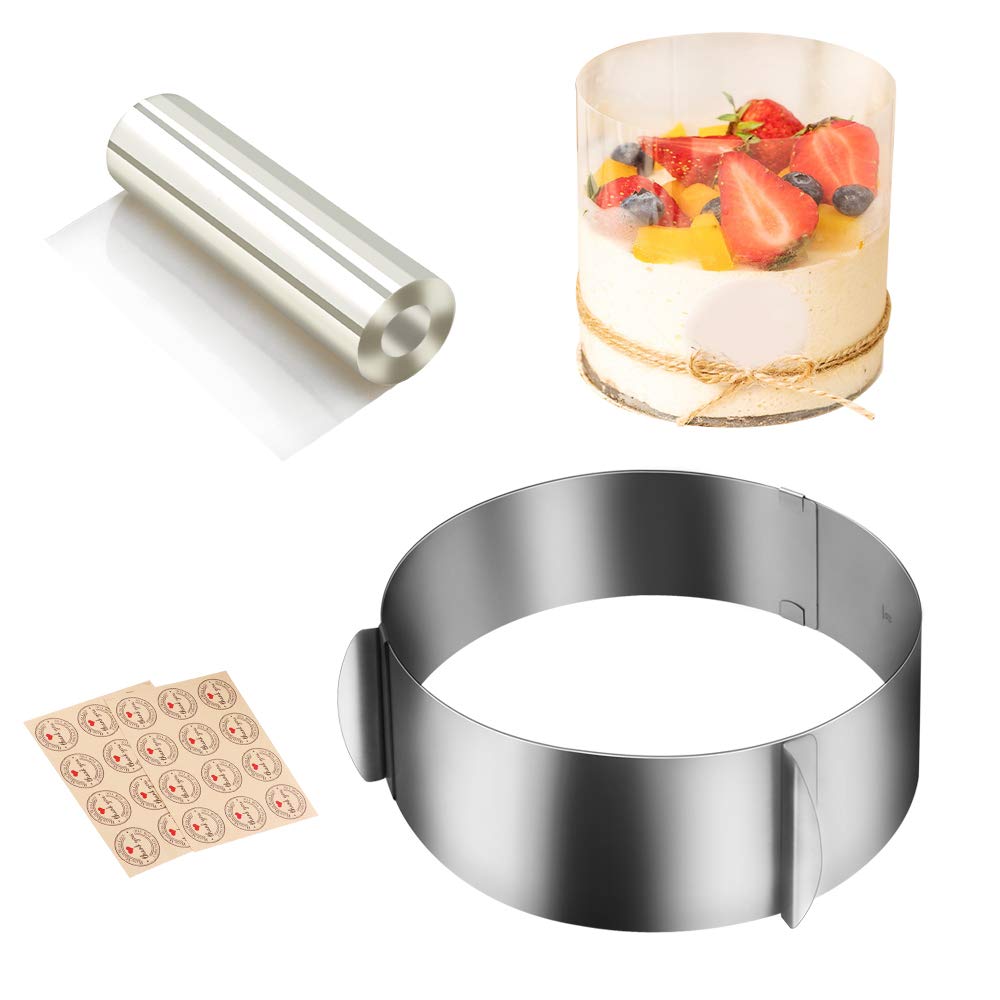 Adjustable Stainless Steel Cake Mould Ring 6.5-12 Inch for Mousse Cake Baking - Includes 5.5 x 394 Inch Clear Cake Collar Strips & Acetate Sheets for Cake Rolls, Mousse, and Dessert Decorations - Perfect for Home Bakers and Professional Pastry Chefs