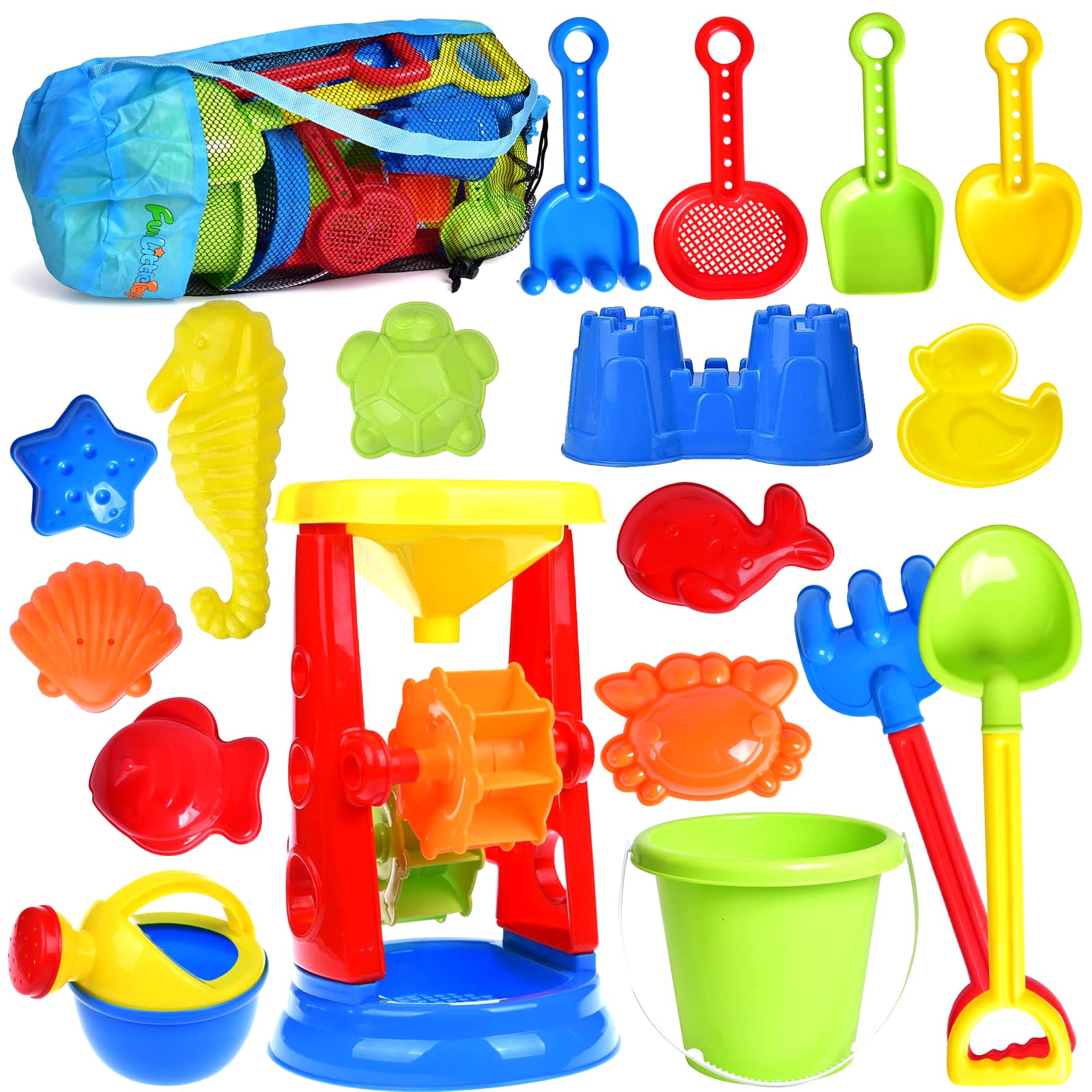 19-Piece Beach Toys Set for Kids - Sandbox Toys with Water Wheel, Bucket, Watering Can, Molds & Mesh Bag - Perfect for Travel & Outdoor Play - Ages 3-13