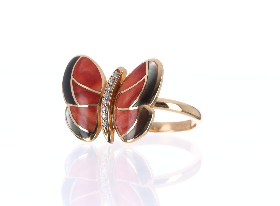 18K Rose Gold Mother of Pearl & Agate Butterfly Ring - Elegant Jewelry for Women, Perfect for Weddings, Anniversaries & Special Occasions