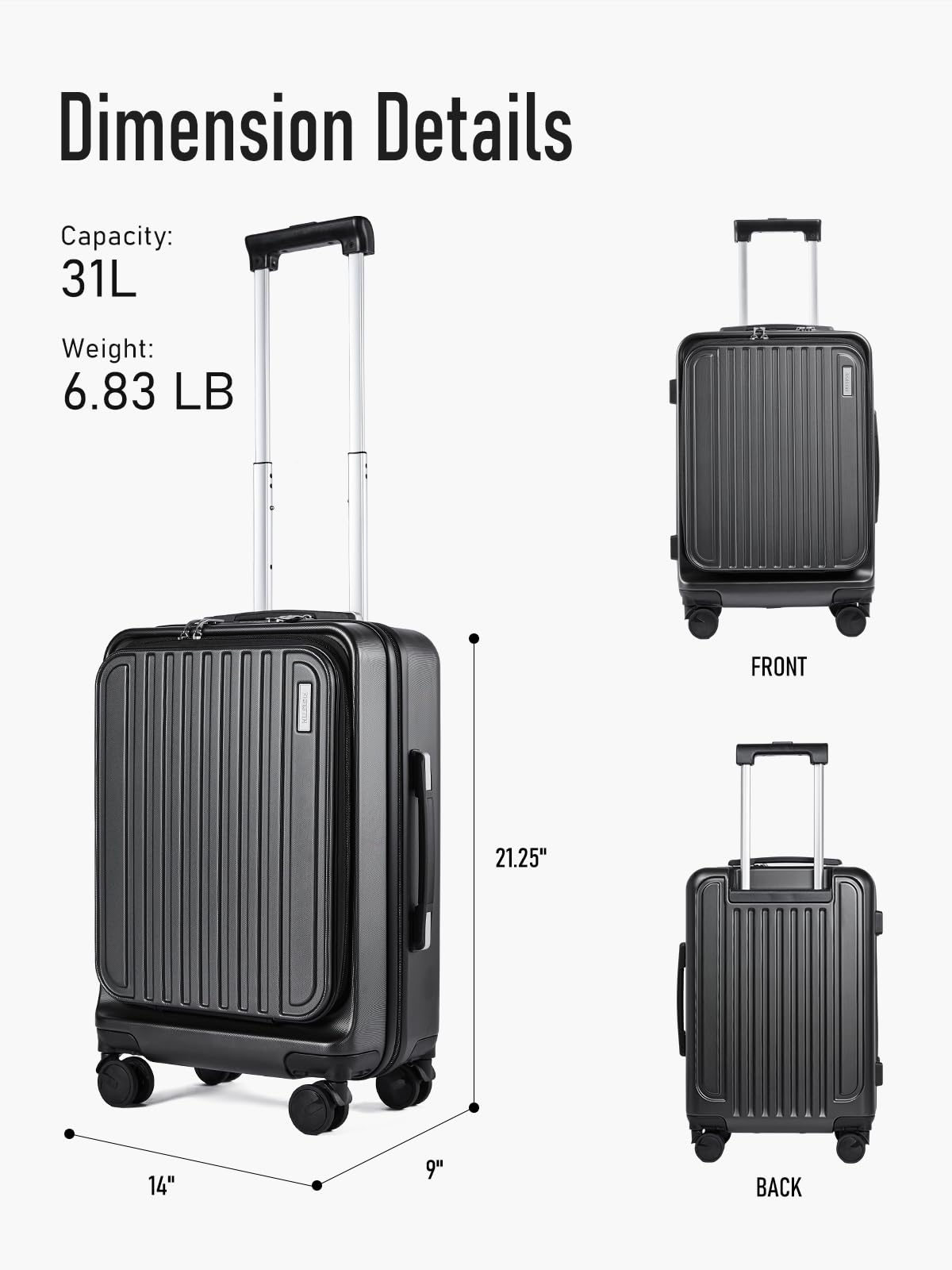 20 Inch Carry on Luggage 22x14x9 Airline Approved - Lightweight TSA Approved Suitcase with Front Compartment & Wheels for Travel - Perfect for Business Trips & Weekend Getaways (Black)