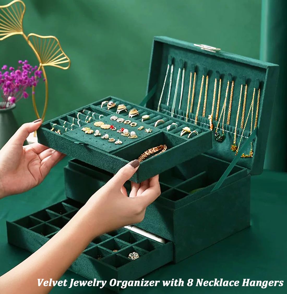 Elegant Green Velvet Jewelry Box with Lock - Women's Jewelry Organizer for Necklaces, Earrings, Rings & Bracelets | Perfect Gift for Teens & Women | Ideal for Travel, Home Storage & Gift Giving