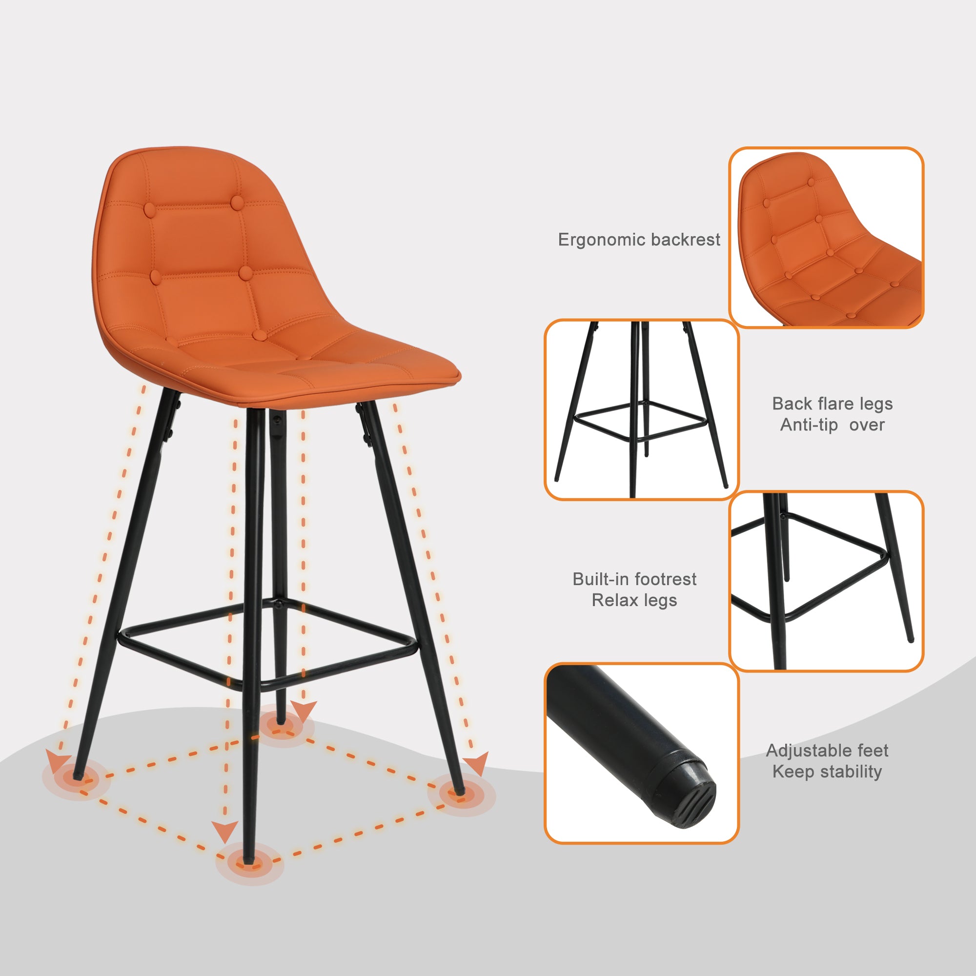 Modern Metal Counter Stools Set of 2 with Backrest & Footrest - 25.5