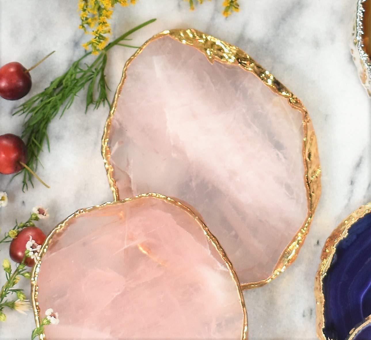 Luxury Rose Quartz Coasters with Gold Trim - Set of 2 Non-Slip Stone Coasters - Irregular Shaped Home Decor for Coffee Table, Office Desk & Gift Giving - Natural Quartz Stone Coasters for Elegant Home Decor