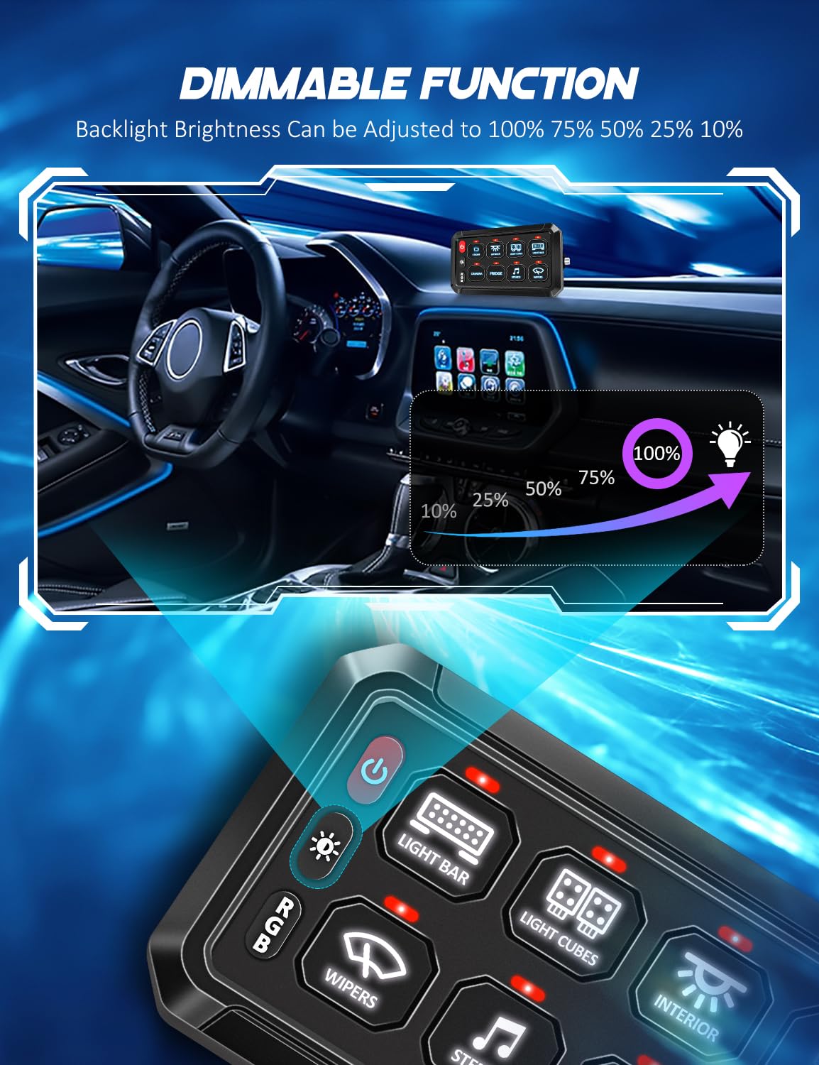 12V 8 Gang RGB LED Touch Control Switch Panel with Momentary, Dimmable & Strobe Function - Waterproof for Trucks, Jeep, Boat, Marine, SUV, Caravan, UTV, Pickup - Perfect for Off-Road Adventures & Marine Applications