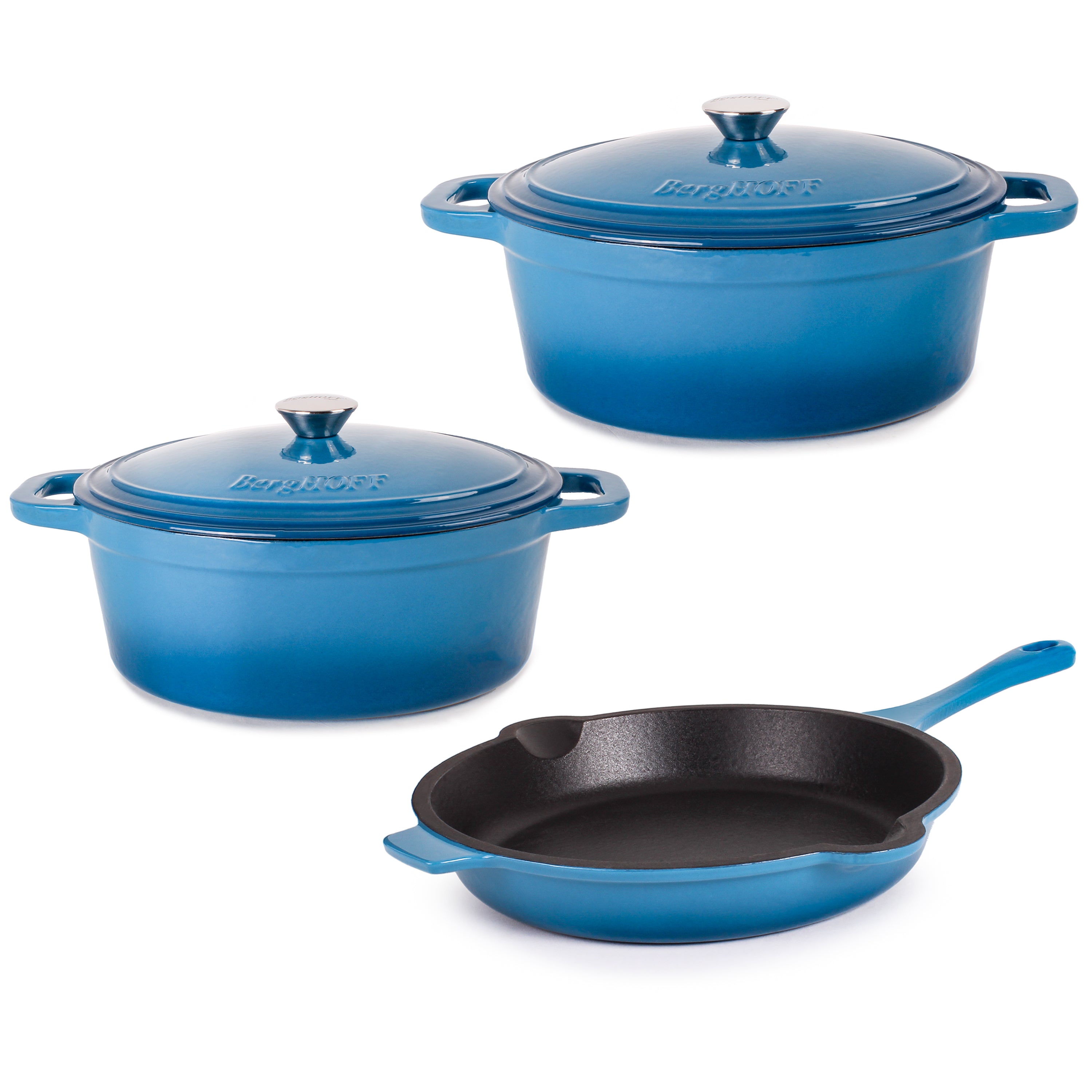 BergHOFF Neo 5-Piece Cast Iron Dutch Oven Set with 10-Inch Fry Pan, 5-Quart & 8-Quart Oval Casserole Pots, Blue Enamel Coating – Perfect for Baking, Roasting, and Stovetop Cooking