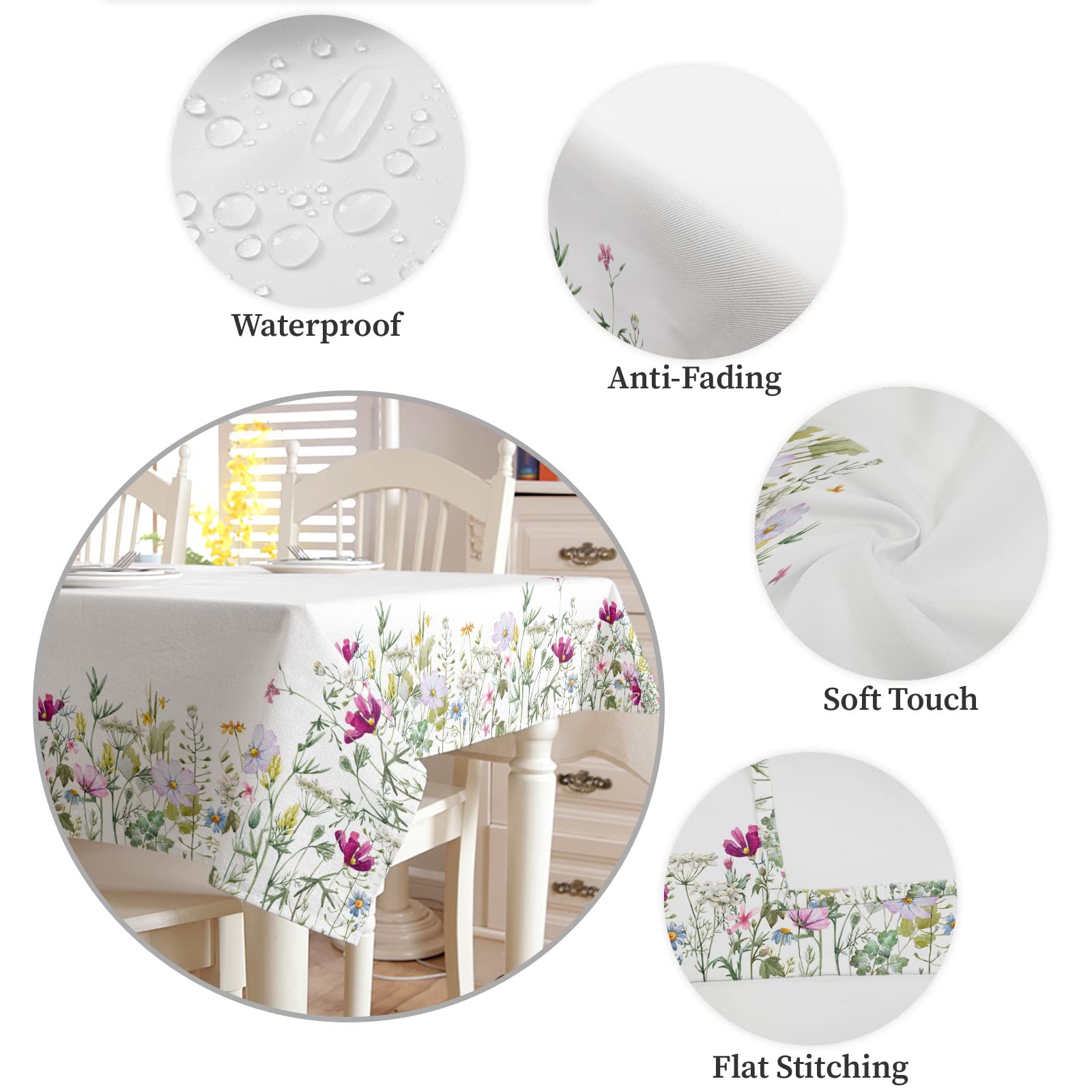 Floral Vinyl Tablecloth 54x54 Inches - Waterproof, Oil-Proof, Spillproof Square Table Cover with Spring Wildflower Design for Kitchen, Dining, Party (Indoor/Outdoor Use) - Perfect for Picnics, BBQs, and Everyday Dining