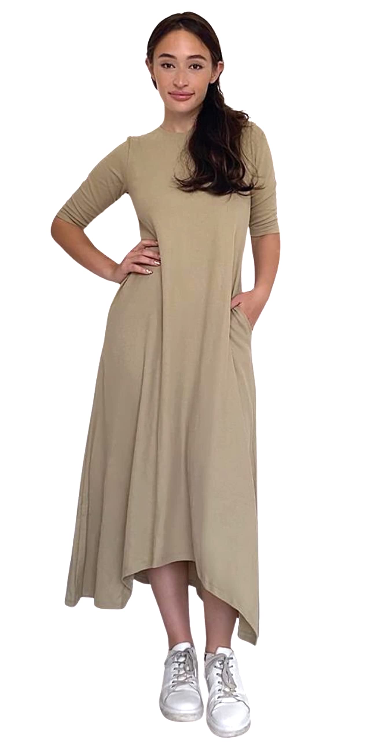 Kosher Casual Women's Maxi Dress - Lightweight Waffle Fabric, Hi-Low Asymmetric Hem & Elbow Sleeves | Perfect for Summer Beach, Vacation & Boho Style Outfits