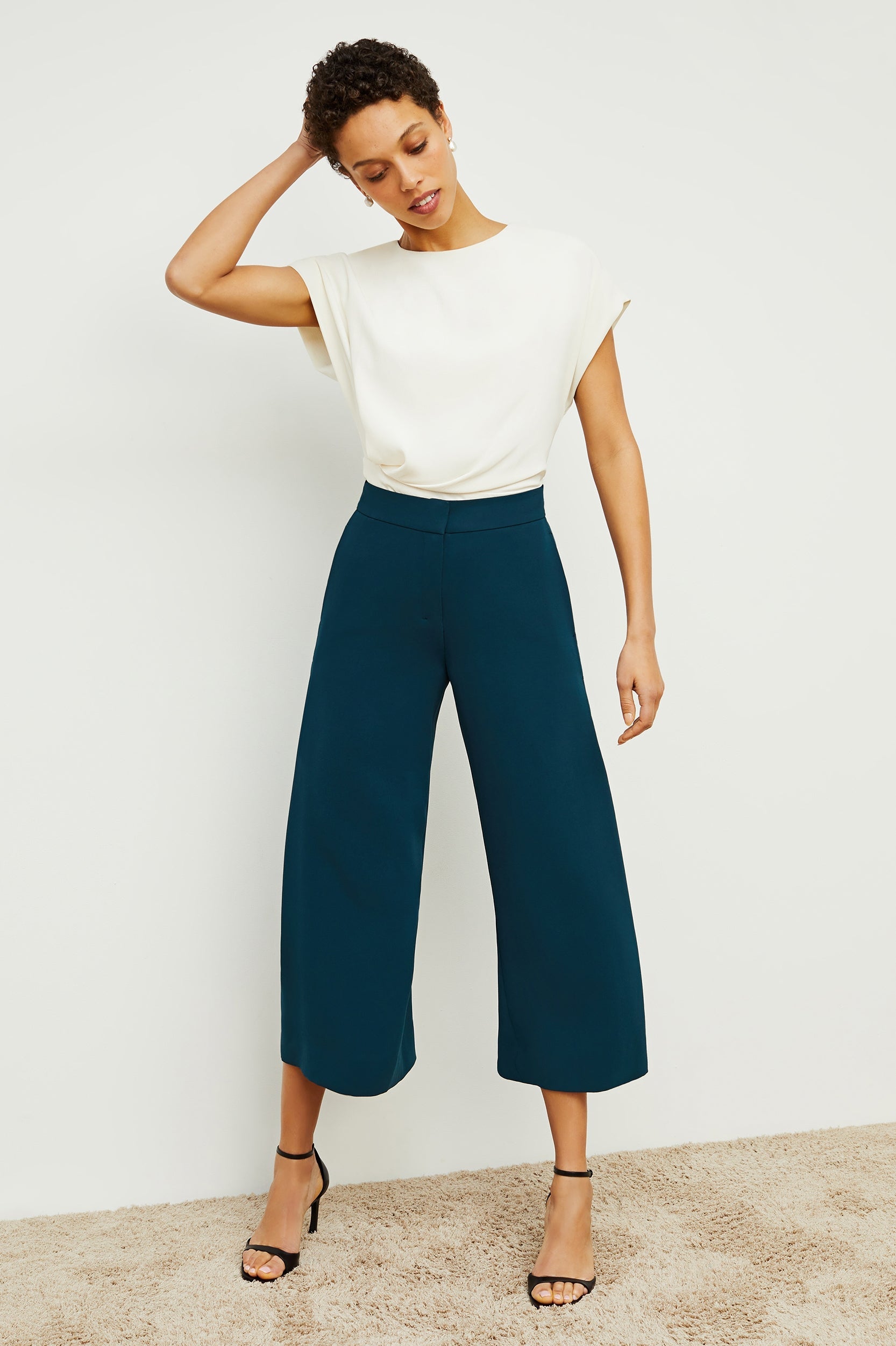 Zhou Culotte Women's High Waist Wide Leg Pants - Heavy Crepe Fabric - Rainforest Print - Elegant & Comfortable for Work, Travel & Casual Wear