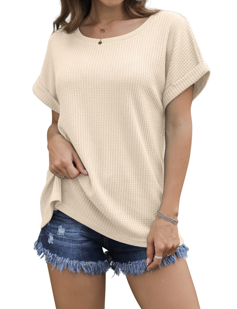 IWOLLENCE Women's Waffle Knit Casual T-Shirt - Summer Short Sleeve Loose Blouse Top for Everyday Wear, Outings & Relaxation
